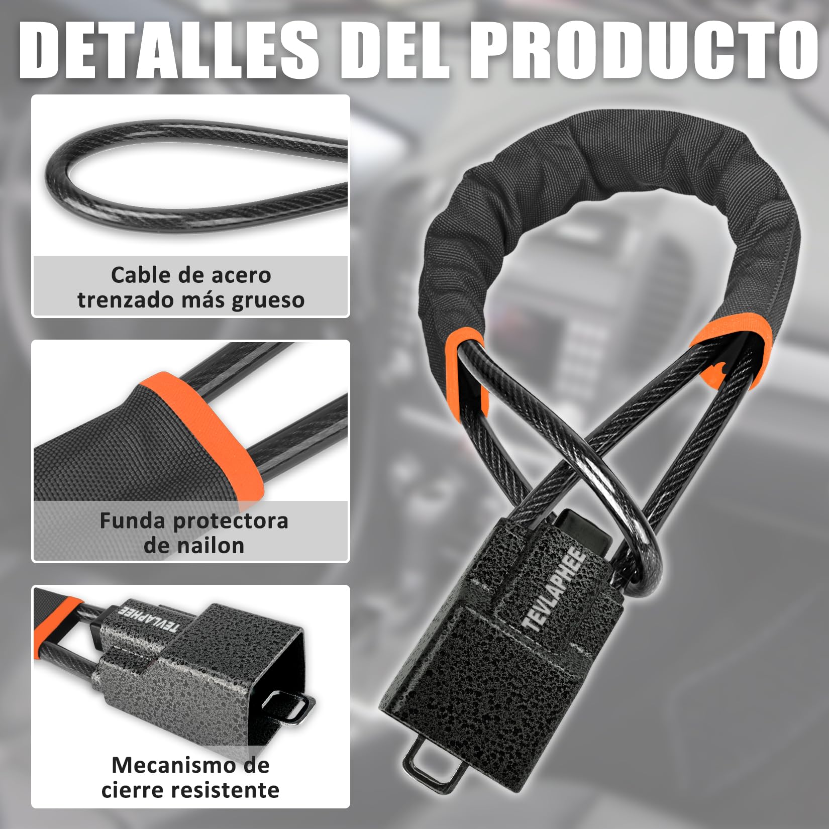 Tevlaphee Antirrobo Coche, Barra Antirrobo Coche, Cabeza Metálica, Cerradura Auto Alta Visibilidad, Robusto, Servicio Pesado, Ajuste Universal, 3 Llaves(Negro)