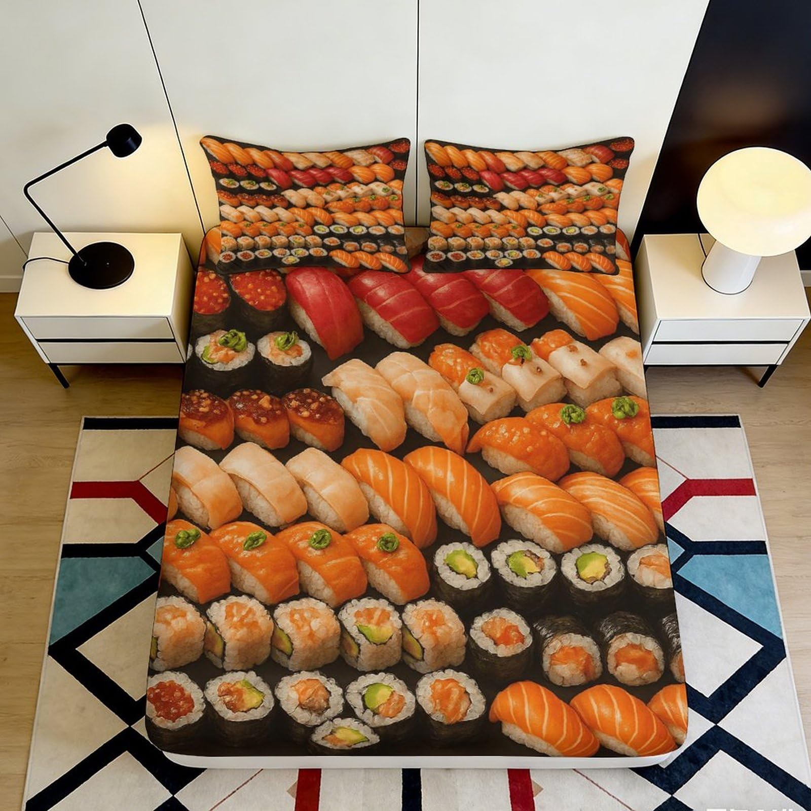 3D Printed Sushi Nigiri Fitted Sheet Microfiber Soft Anti-Slip Maki Bed Cover for Bedroom Dorm Mattress Protection Decor 180x200x25cm