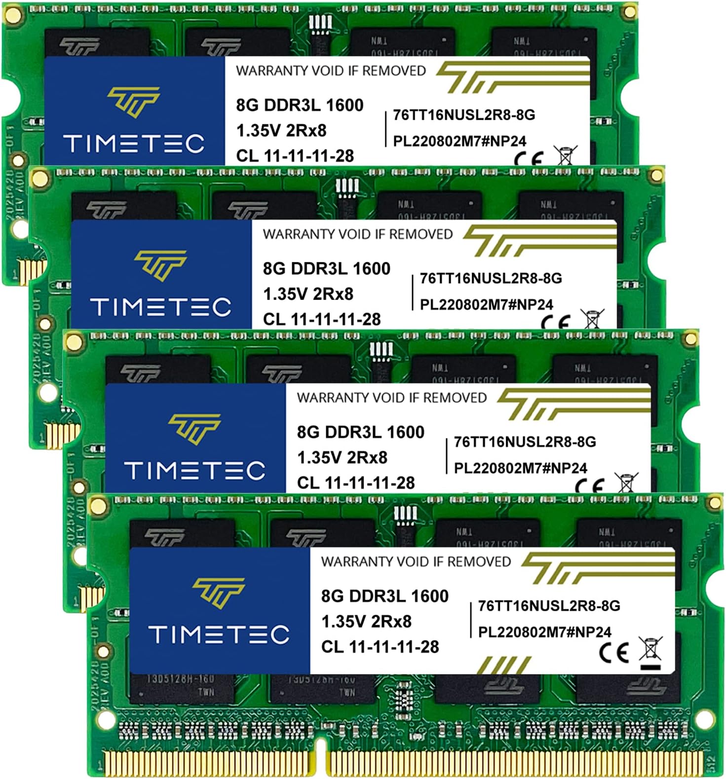32GB KIT(4x8GB) DDR3L / DDR3 1600MHz (DDR3L-1600) PC3L-12800 / PC3-12800 Non-ECC Unbuffered 1.35V/1.5V CL11 2Rx8 Dual Rank 204 Pin SODIMM Laptop Notebook PC Computer Memory RAM Module Upgrade