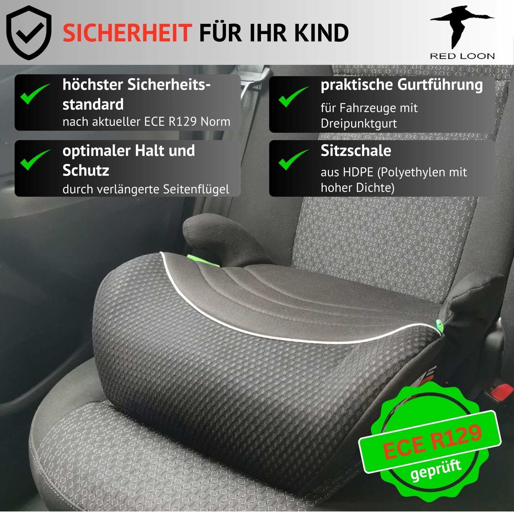 2x Sitzerhöhung Autokindersitz Kindersitzerhöhung - kompatibel mit Red Loon - Kindersitz Autositz 125-150cm - ECE R 129 - komfortabler Kindersitz Auto - Sitzschale universell