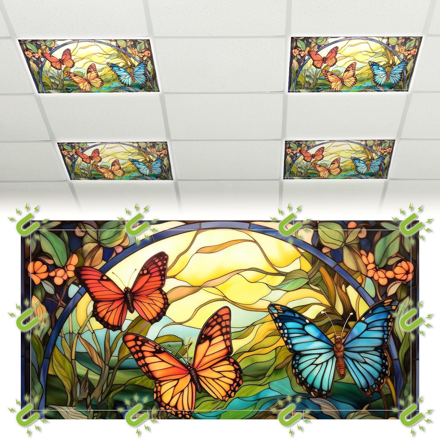 Glooglitter 4 Pcs Butterfly Fluorescent Light Covers 4 x 2 ft Stained Glass Magnetic Office Light Cover for Ceiling with 10 Magnets Filter Reduce Glare for Classroom School Home