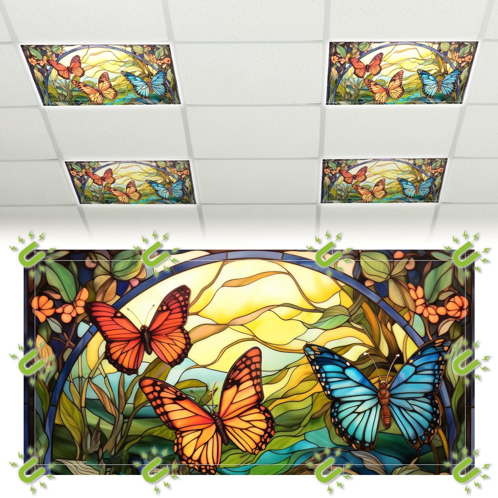 Glooglitter 4 Pcs Butterfly Fluorescent Light Covers 4 x 2 ft Stained Glass Magnetic Light Cover for Ceiling Classroom with 10 Magnets Filter Reduce Glare for Office School Home-image-37