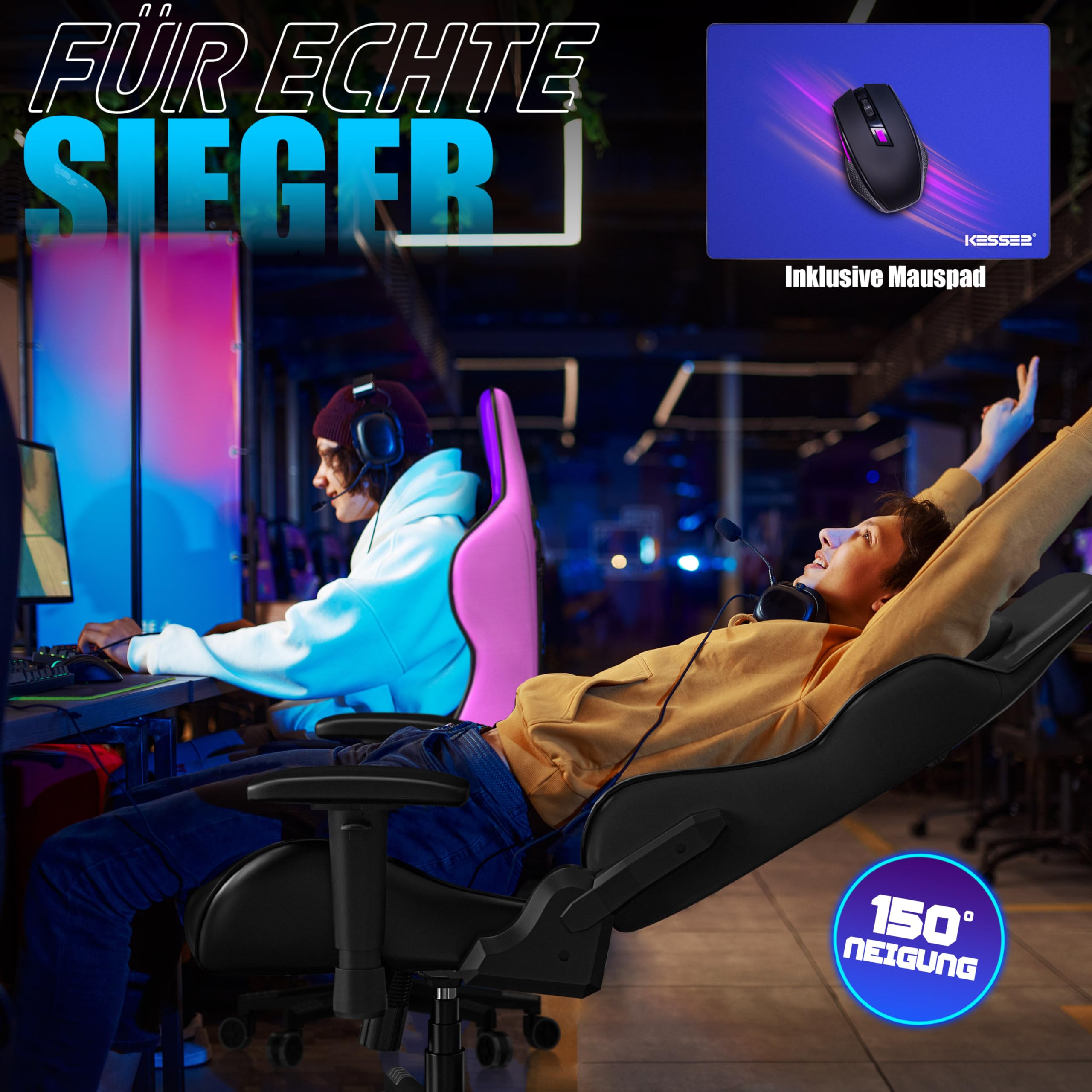 KESSER® Gamingstuhl Ergonomisch Gaming Stuhl Bürostuhl mit Kopfstütze & Lendenkissen | Racing Gamer Stuhl 150kg belastbar | Armlehne 360° | Drehbarer Schreibtischstuhl Gaming Chair + Gummi-Rollen