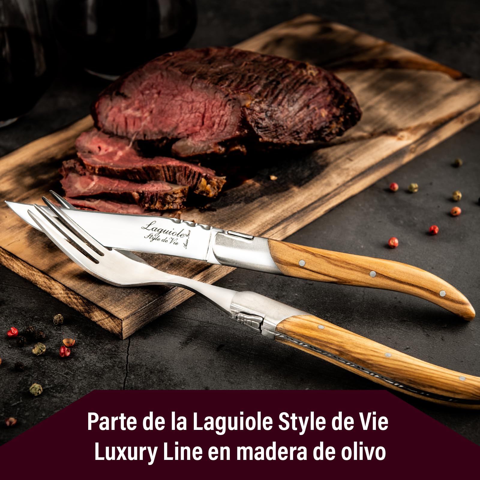 Laguiole Style de Vie Juego de 6 cuchillos de madera de olivo para carne