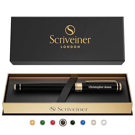 Scriveiner Personalized Black Rollerball Pen - Stunning Luxury Pen, Jet Black Lacquer & Real Gold Plating, Schmidt Ink Refill, Best Engraved Roller Ball Gift for Men & Women, Custom Name Engraving