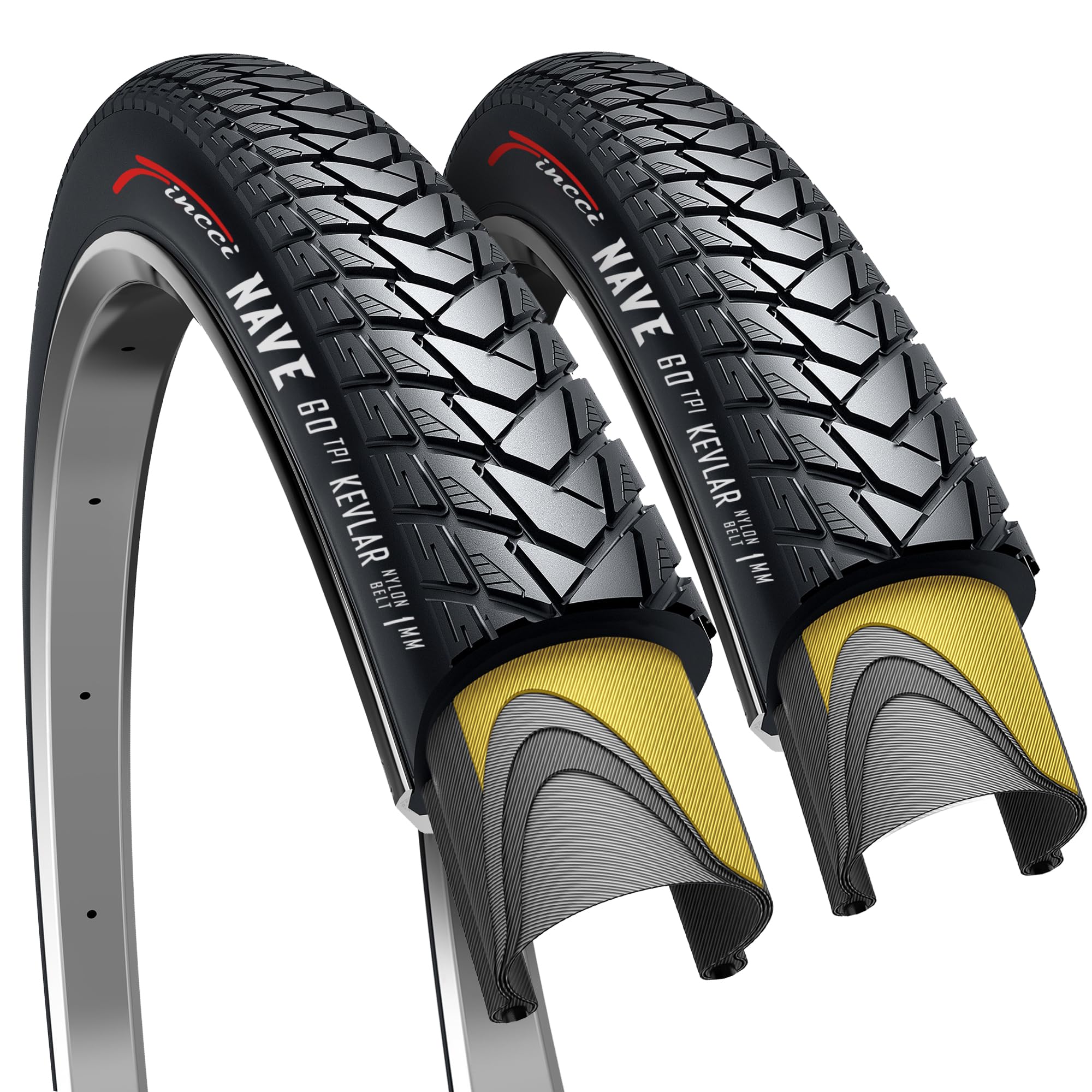 Fincci Pair 700x35c Tire 37-622 Foldable 60 TPI City Commuter Tires with Nylon Protection for Cycle Road Mountain MTB Hybrid Touring Electric Bike Bicycle - Pack of 2X 700 x 35c Tires Nave