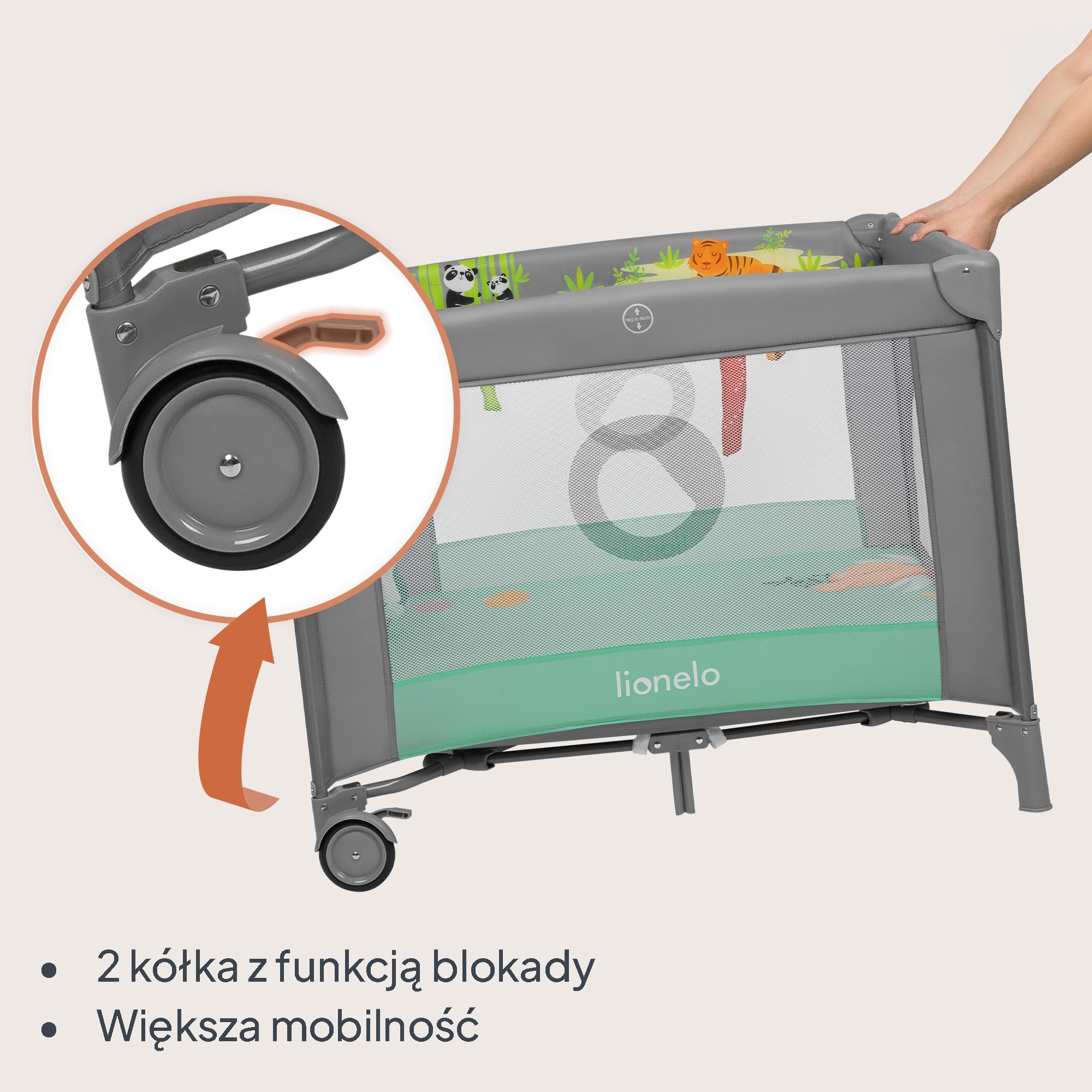 LIONELO Kojec dziecięcy MILLE PLUS do 15 kg 0-36 miesięcy, Boczne Wejście, Materac 3D, 2 Koła z Hamulcem Łatwe Składanie, Torba Transportowa