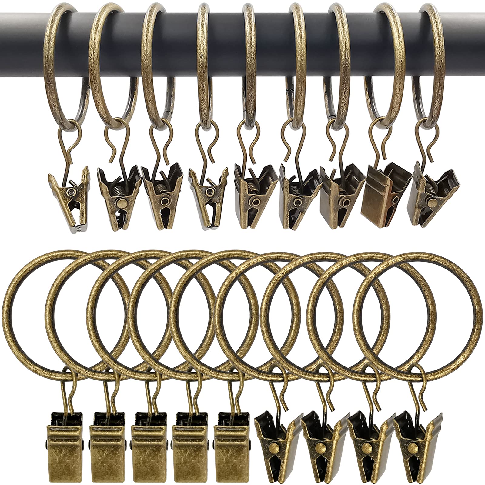 AMZSEVEN 90 Pack Curtain Rings with Clips, Drapery Clips with Rings, Drapes Rings 1.26 in Interior Diameter, Fits up to 1 in Curtain Rod, Bronze