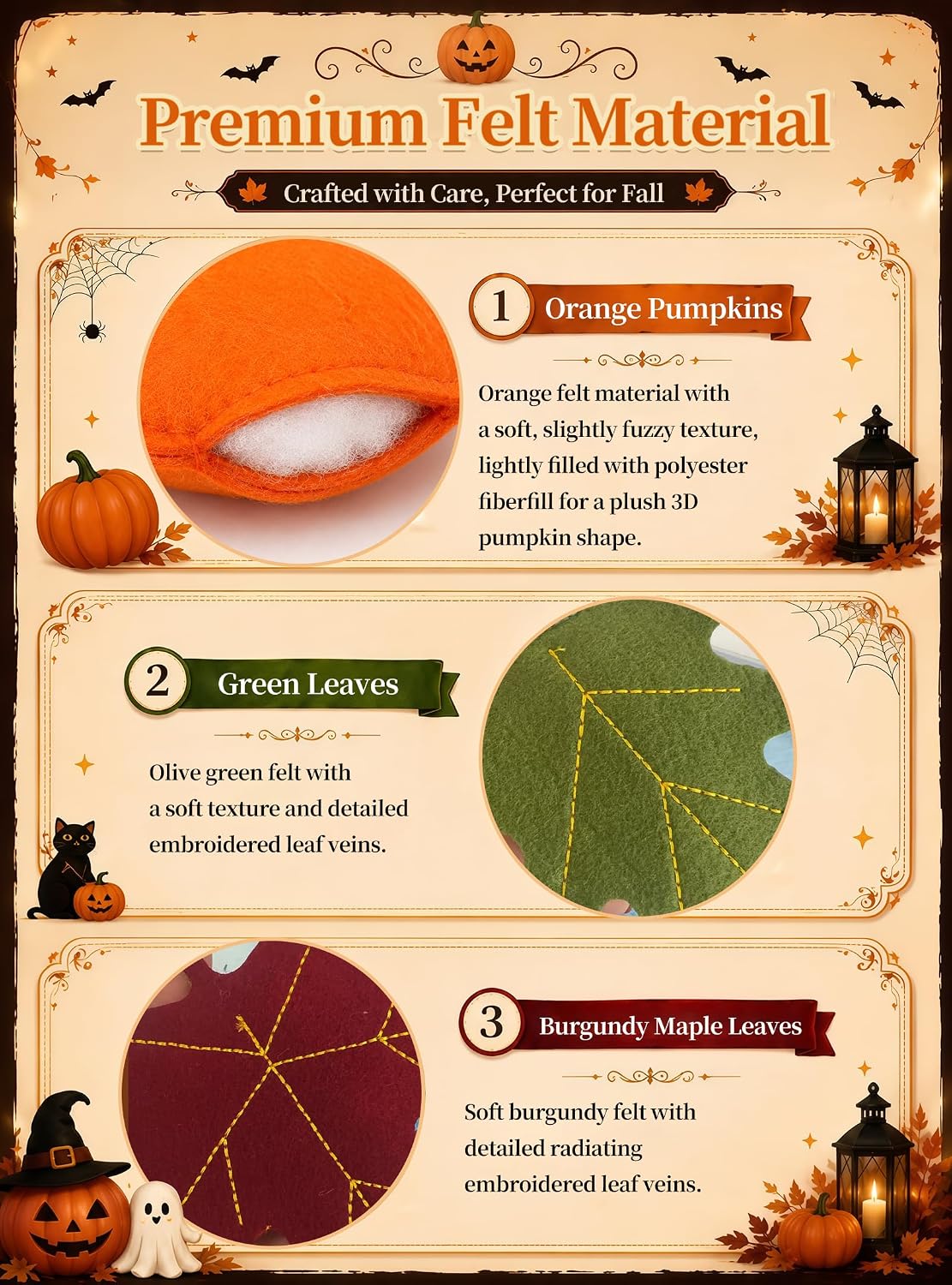6.56ft Fall Garland for Mantle, Fall Decor with 3D Felt Pumpkins Maple Leaves Wood Beads, Ready-to-Hang Fall Garland for Mantels, Doorways, Windows and Thanksgiving Decor