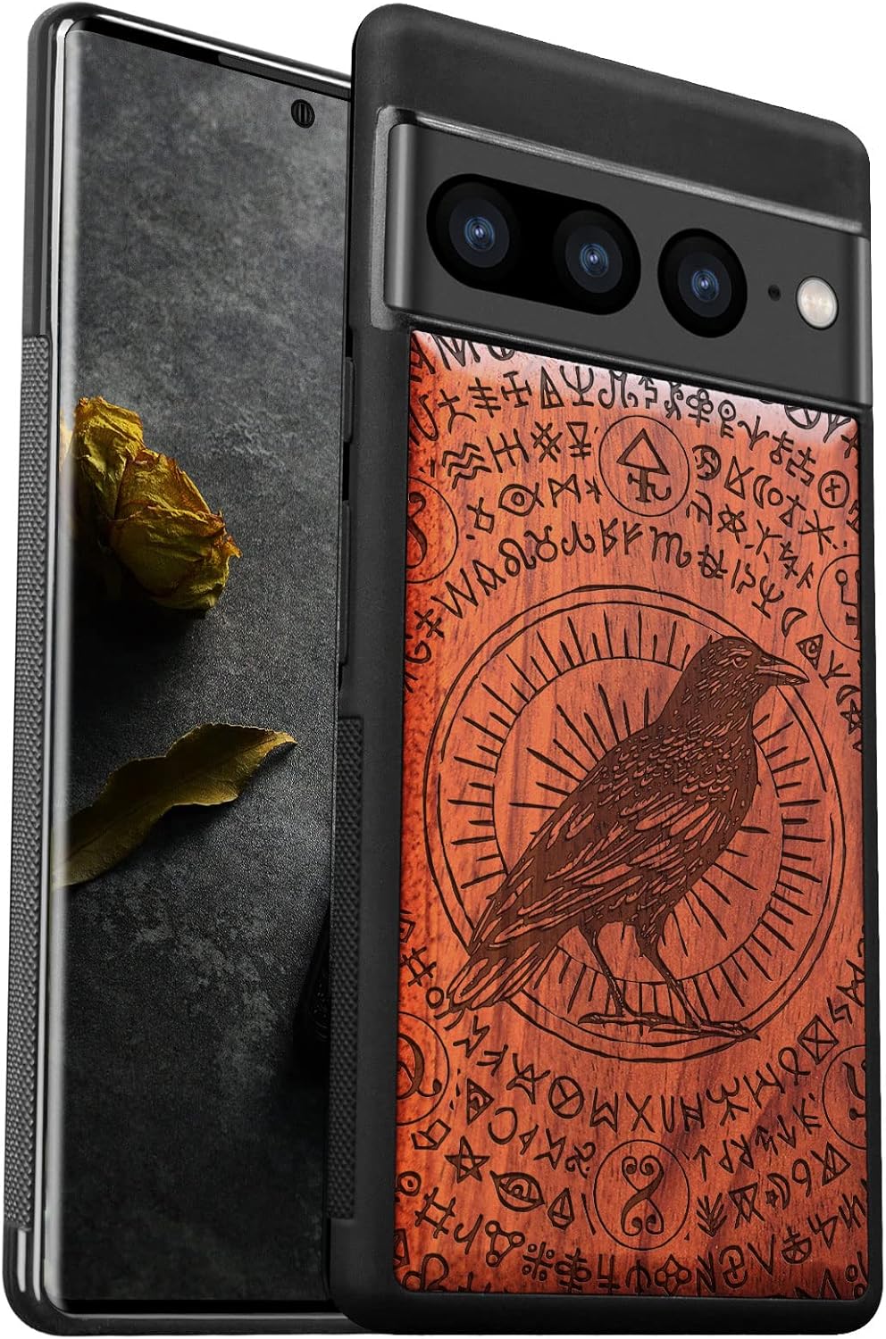 Carveit Wood Case for Pixel 7 Pro Case [Natural Wood & Black Soft TPU] Shockproof Protective Unique & Classy Wooden Cover Compatible with Google Pixel 7 Pro (Witchcraft Raven-Blackwood)
