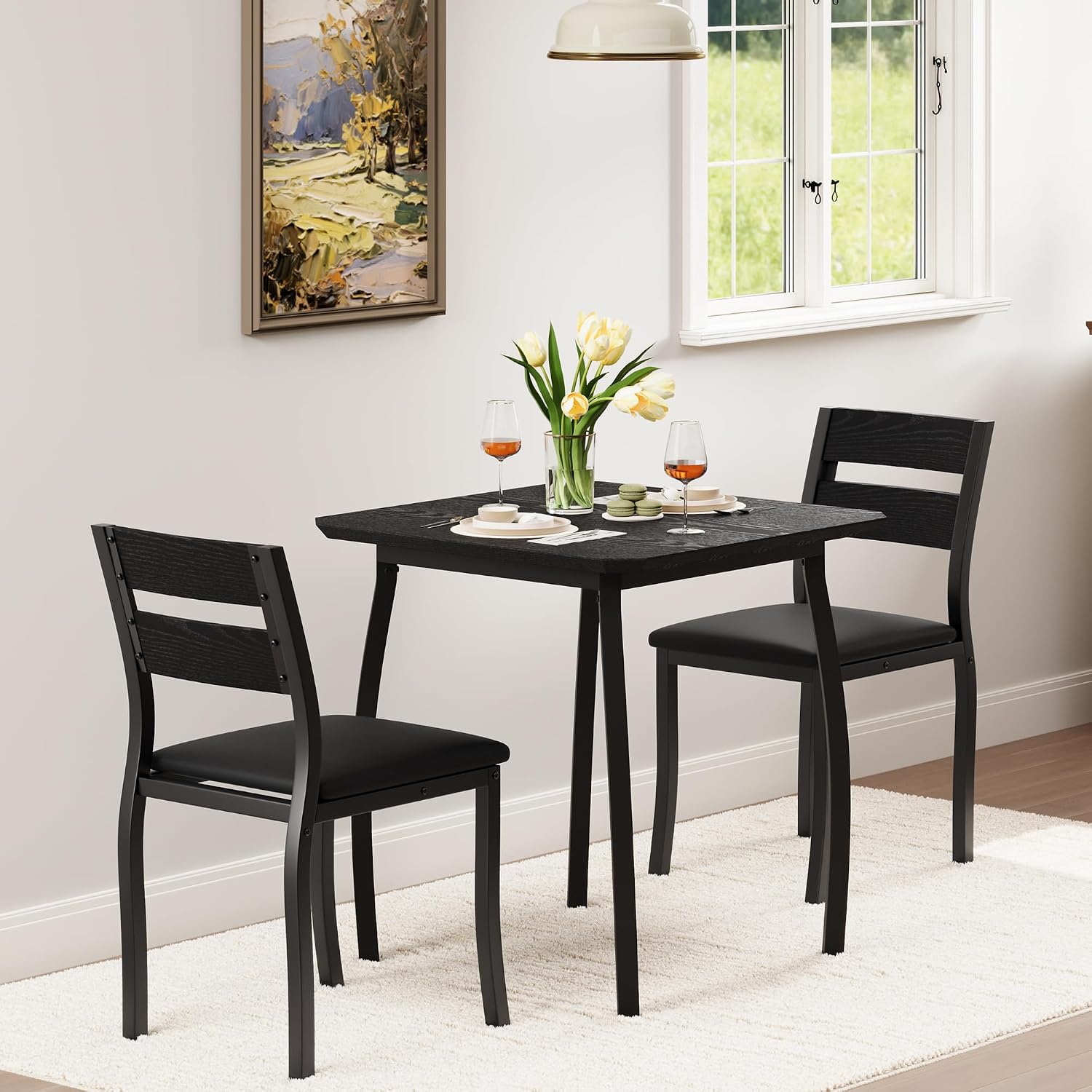 3-Piece Dining Room Set with 1 Table and 2 Chairs, Dining Table with Curved Metal Legs, Dining Room Chairs with Backrest, for Dining Room, Living Room and Small Room, 73.7 x 73.7 x 76 cm