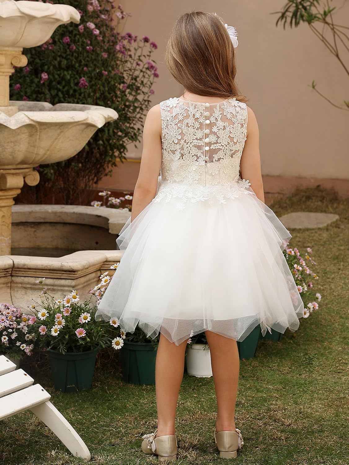 Abaowedding White Floral Lace Flower Girl Dress Kids Tiered Tutu Tulle Wedding Birthday Party Dress - Image 3