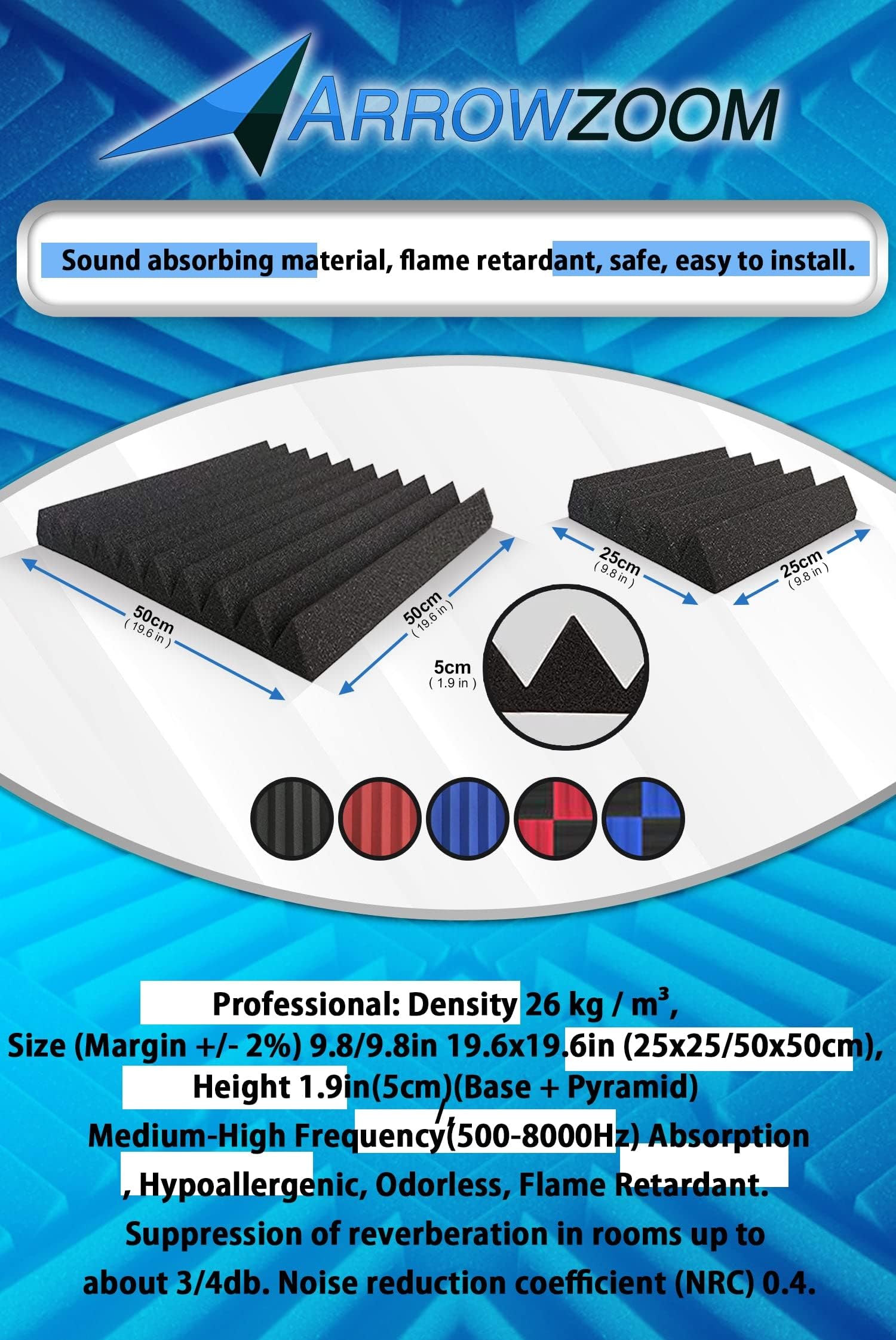 Arrowzoom 48 Acoustic Panelen Geluidsabsorberende akoestische Panelen Wedge Correctie Vlamvertragende Audio Behandeling schuimpanelen 50x50x5cm Parel Wit