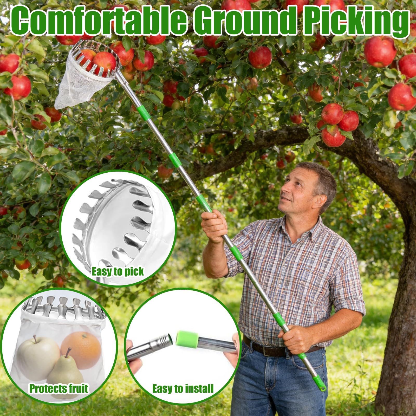 Raccoglifrutta Telescopico 3.2 m Diametro 16 cm, Raccogli Frutta con Palo in Acciaio Inox e Sacchetto Cotone, Raccogli Mele Ciliegie Agrumi Pere Pesche, Raccoglitore Frutta Regolabile
