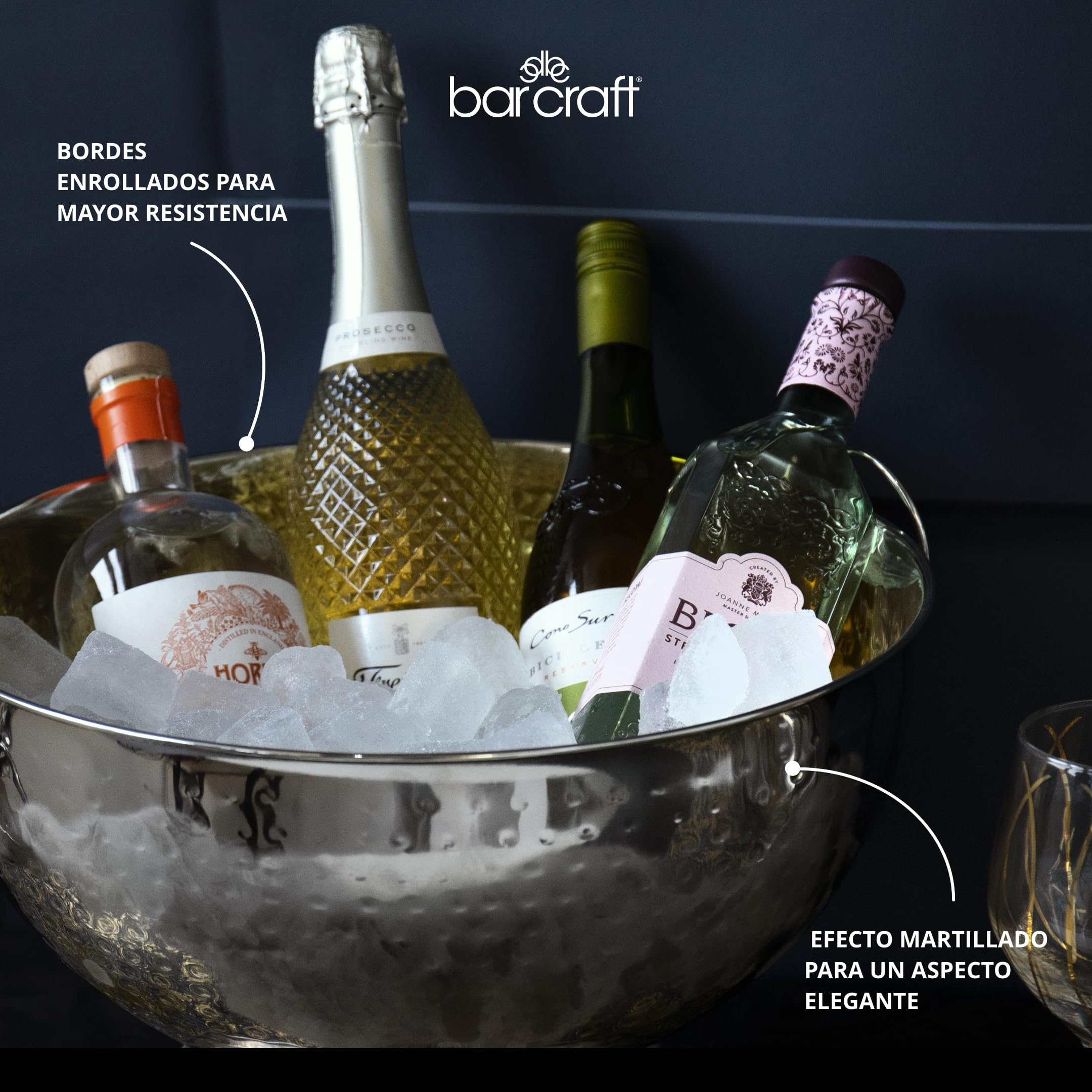 BarCraft Cubo de Champán de Acero Inoxidable Martillado, Enfriador de Cerveza, Bebidas y Vino, 37x25cm, Regalo Etiquetado