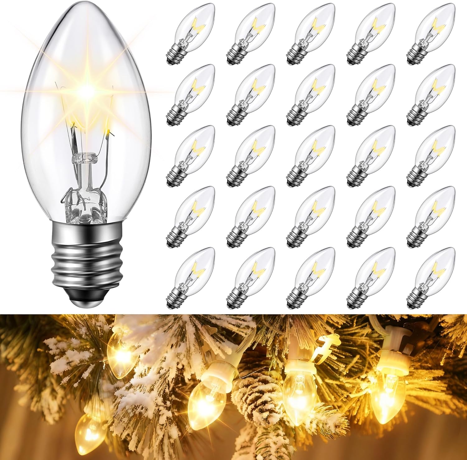 25 Pack Twinkle Christmas Replacement Bulbs, 7W Random Blinking Light Bulbs for Christmas String Light, Nightlights(Clear Twinkle,C9,E17 Intermediate Base)