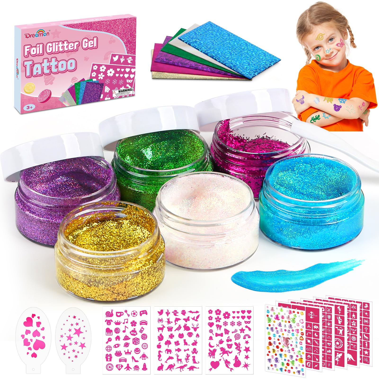 Dreamon Tatuajes Temporales Niños, Kit de Tatuajes Purpurina Temporales con un Frasco Extra Grande de gel con purpurina de 6 colores, 325 Plantillas, Adecuado para fiestas de cumpleaños de niñas