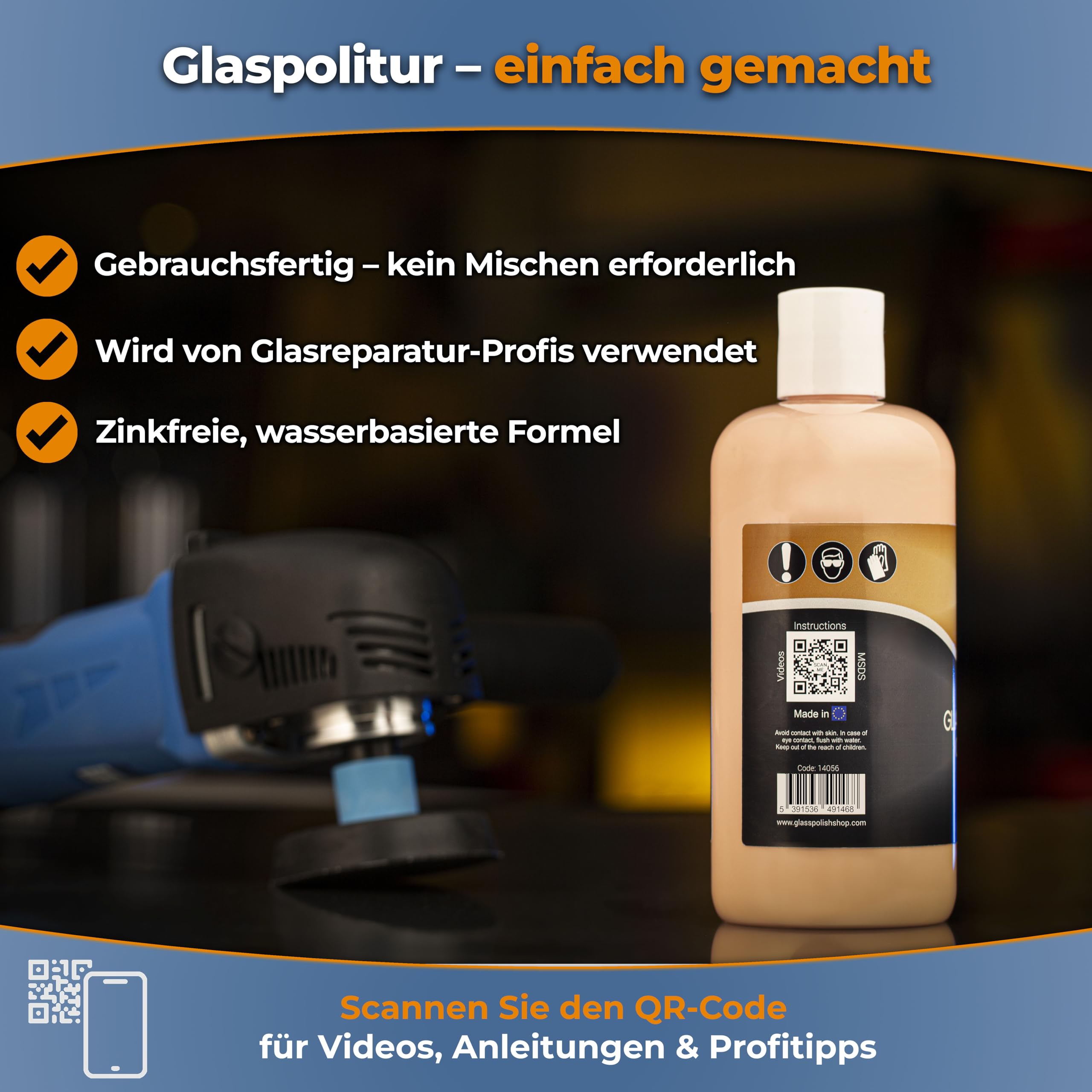 Glass Polish 14056 GP-PRO Glaspoliturpaste zum professionellen Polieren aller Glasoberflächen – 2,3 Mikron – 500 ml
