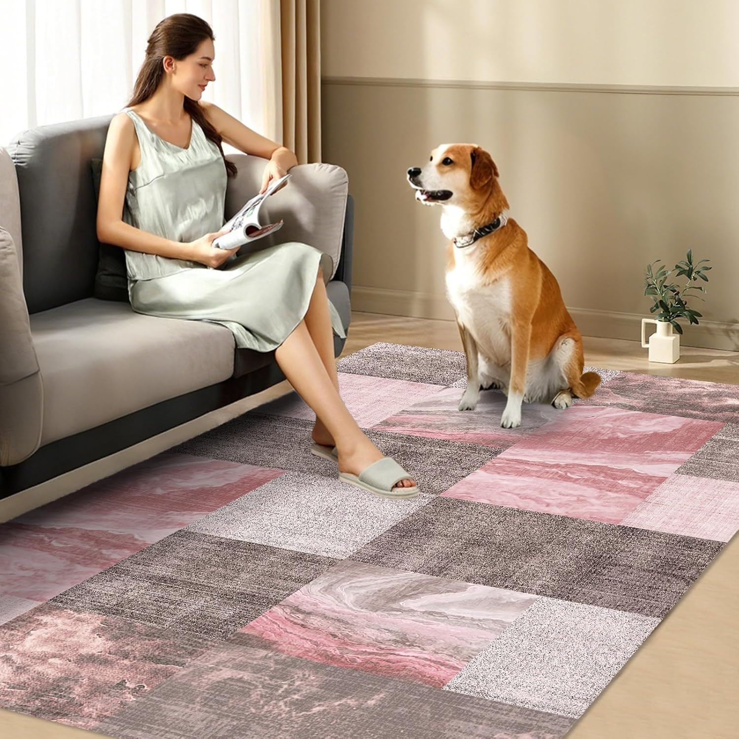 3×5 ft Washable Area Rugs for Bedroom, Pink and Brown Girls Room Rug,High Traffic Carpet for Office,Living Room,Non Slip,Neutral Abstract Rug for Home and Hallway,Very Soft