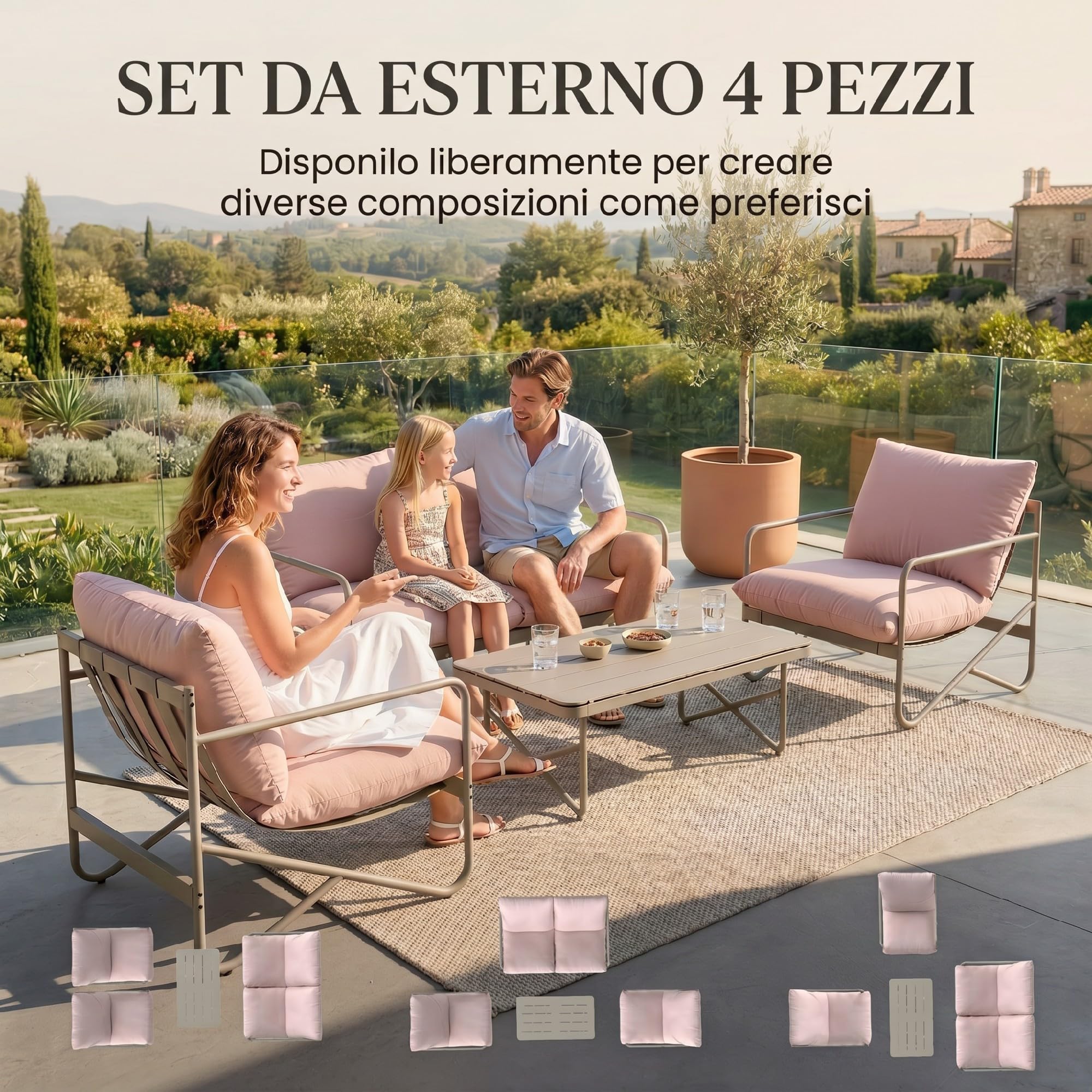 Outsunny Set Salotto da Giardino 4 Pezzi in Metallo con Divano 2 Posti, 2 Poltrone, Tavolino con Piano in Metallo, Cuscini Spessi, Set di Mobili da Giardino Salottino, Rosa