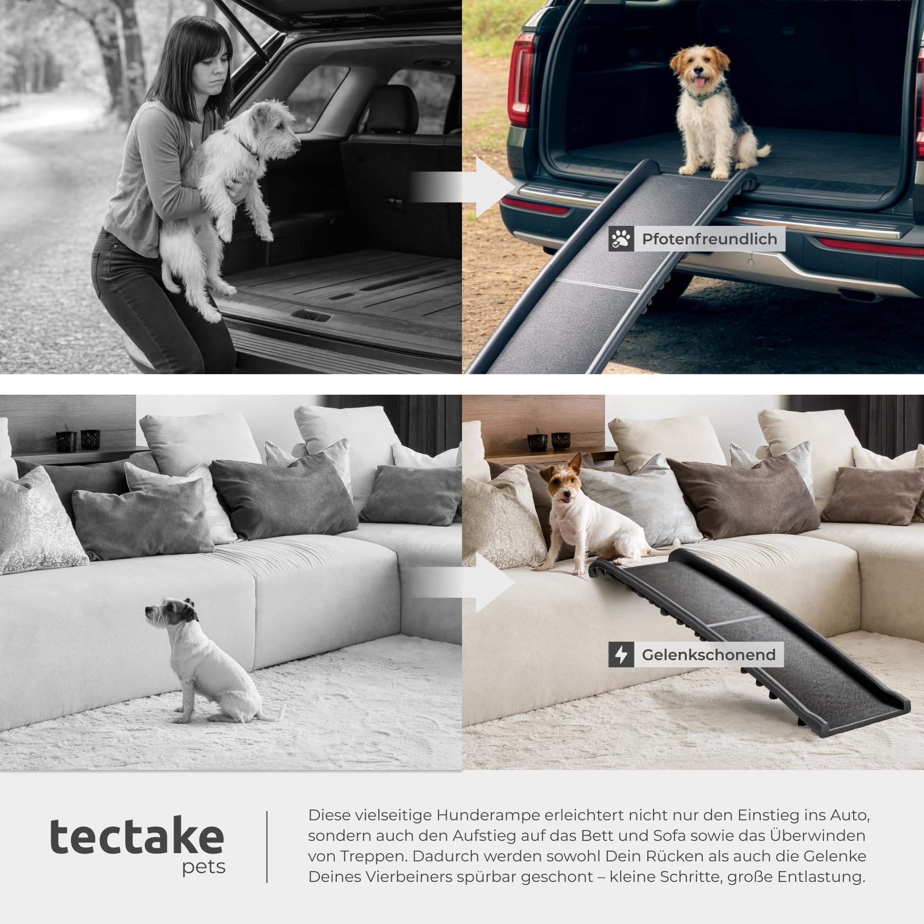tectake® Hunderampe, klappbar und rutschfest, bis 90kg, Hunderampe Auto mit Kofferraumschutz, Haustiertreppe für Bett, Sofa und Treppen, Autorampe, Einstiegshilfe für PKW