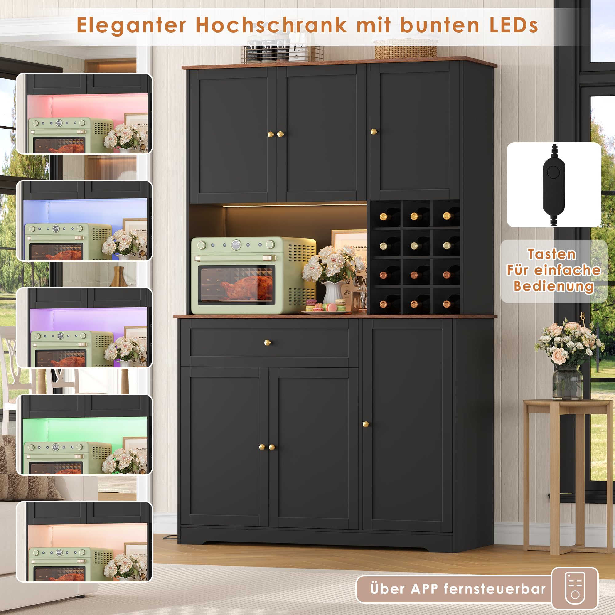 FirFurd Küchenschrank 180cm Buffetschrank mit LED Sideboard für Küche mit Steckdosenleiste Küchenschrank mit Arbeitsplatte & Weinregal für 12 Flaschen Küchenbuffet Küchenmöbel 180x100x39cm schwarz