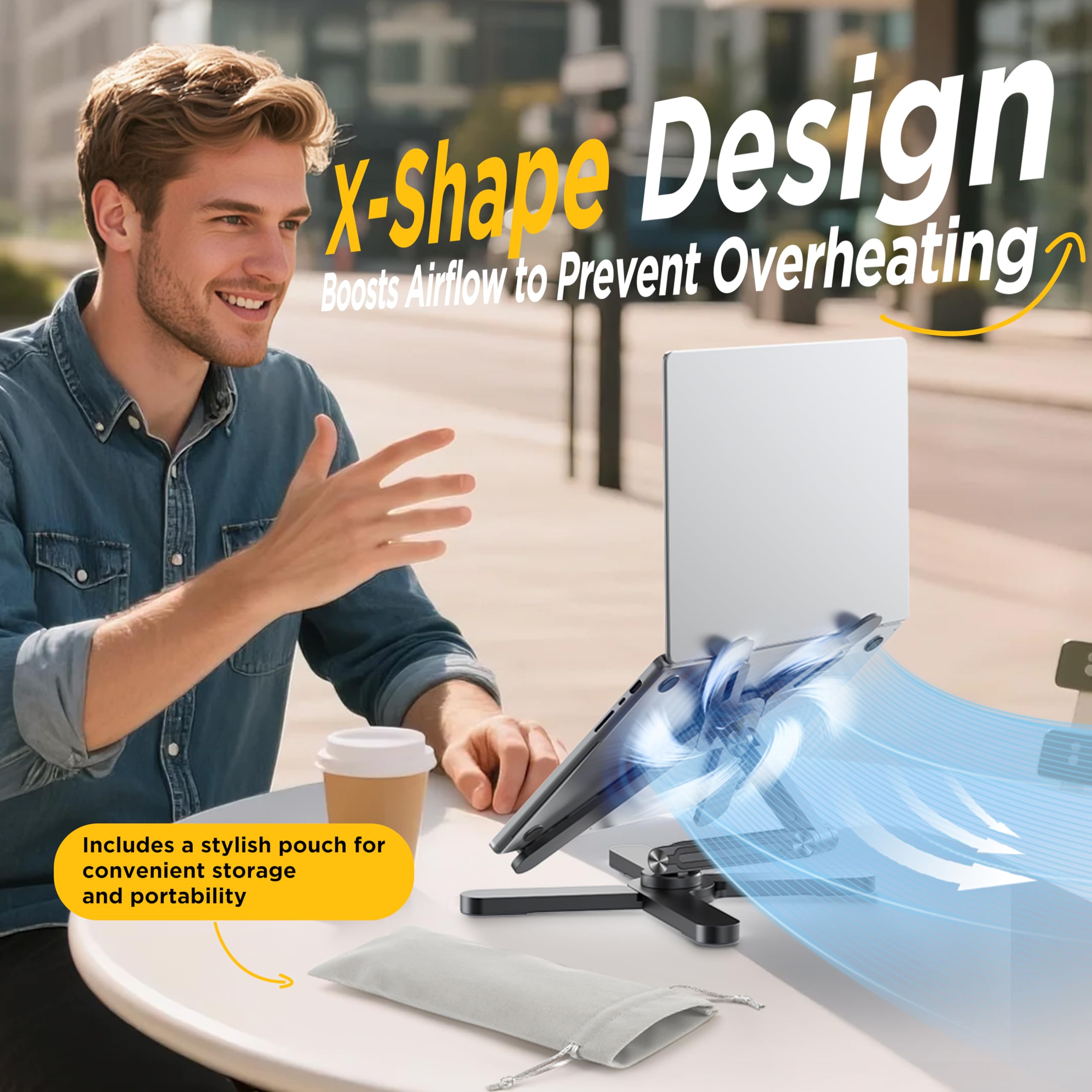 FoldWise X Laptop-Ständer für Schreibtisch – Aluminium, 360° drehbar, klappbar, höhen- & winkelverstellbar – Stabiler & tragbarer Laptop-Riser, MacBook-Ständer & Computerhalter für 11-18 Zoll