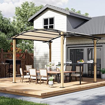 HAPPATIO 10 x 13 Arched Top Outdoor Pergola, Aluminum Frame Canopy with Bar Counter, Natural Wood-Like Frame Patio Pergola Shade for Patio, Backyard, Garden, Beige