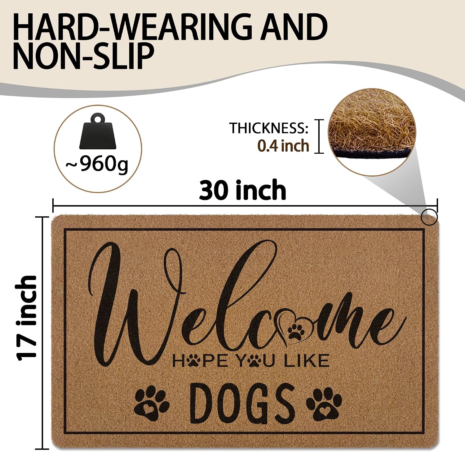 Welcome Hope You Like Dogs Door Mat, Funny Dog Paws Artificial Coir Front Door Mat Indoor Outdoor Entrance, Rustic Doormat Rug Gifts for Dogs Lovers Porch Entryway Patio Decor,17X30 Inch