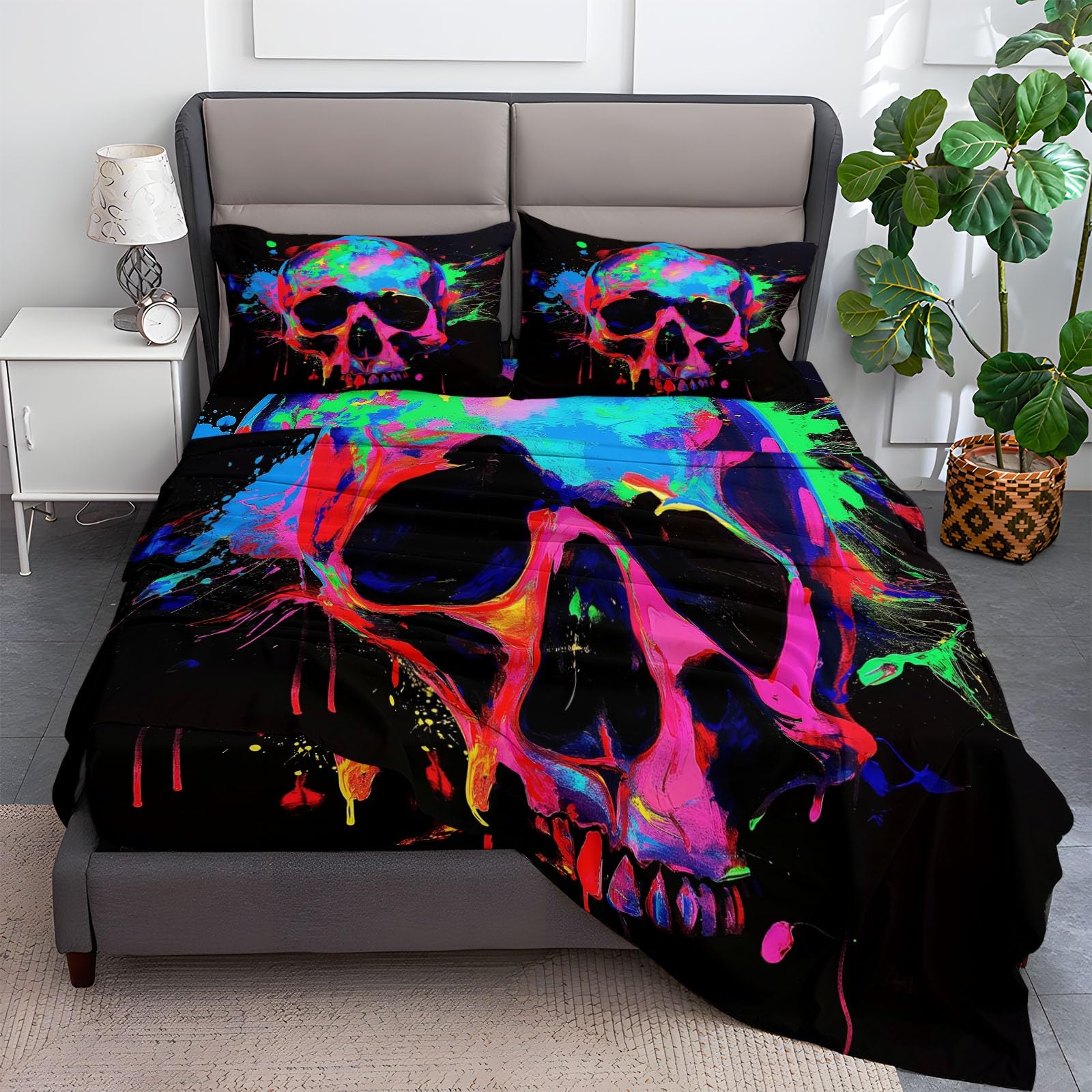 Fitted Sheet Full Size Bedding Set for Kids Girls Women Men Room Decor, Soft Microfiber & Deep Pocket & Wrinkle Free Gothic Graffiti Skull Bedding Sheets, Colorful