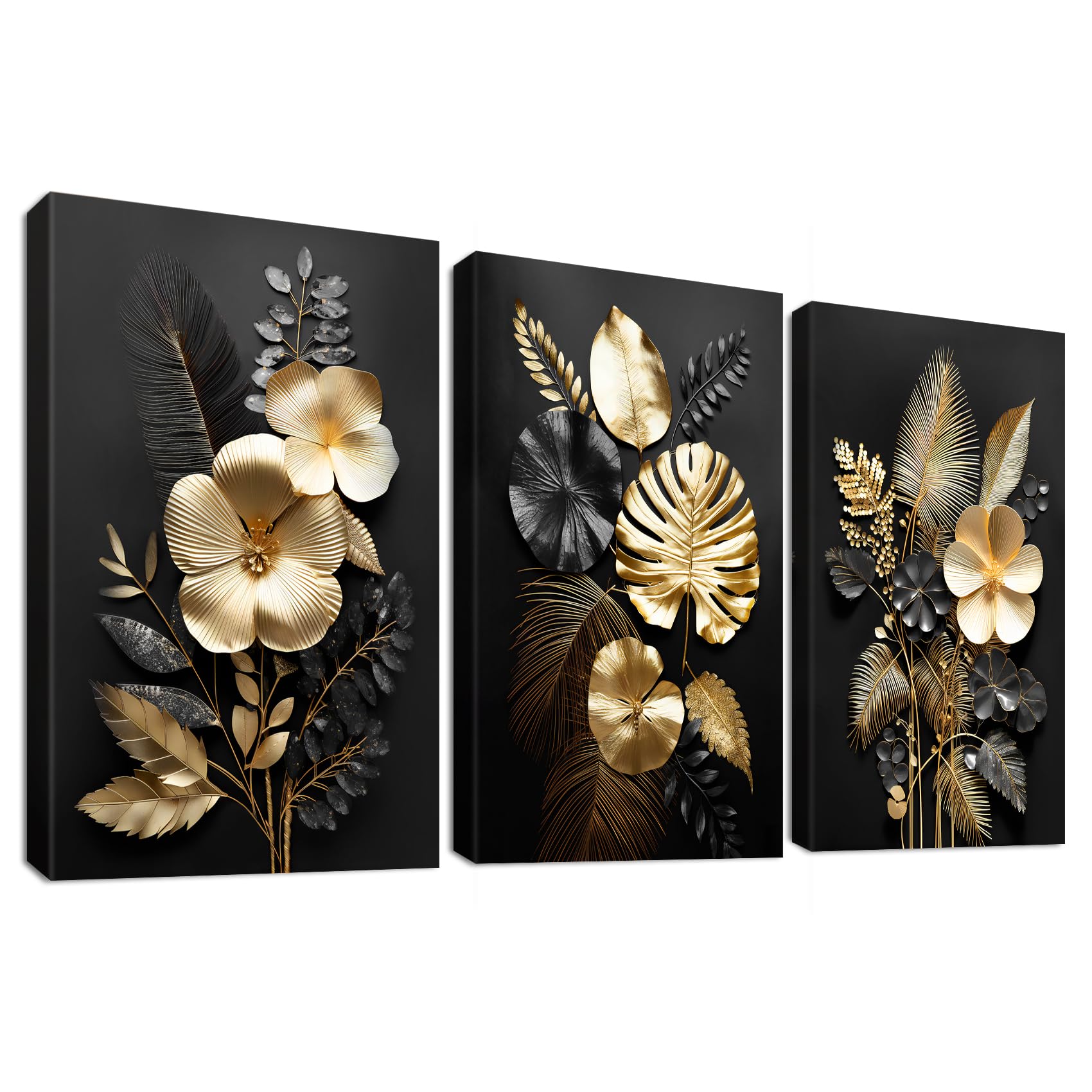 3 Panels Wooden Framed 3D Black Gold Flowers Canvas Wall Art Tropical Monstera Coconut Leaves Painting on Canvas Prints Pictures for Living Room Bedroom Home Wall Decoration 90x40cm(12"x16"x3pcs)