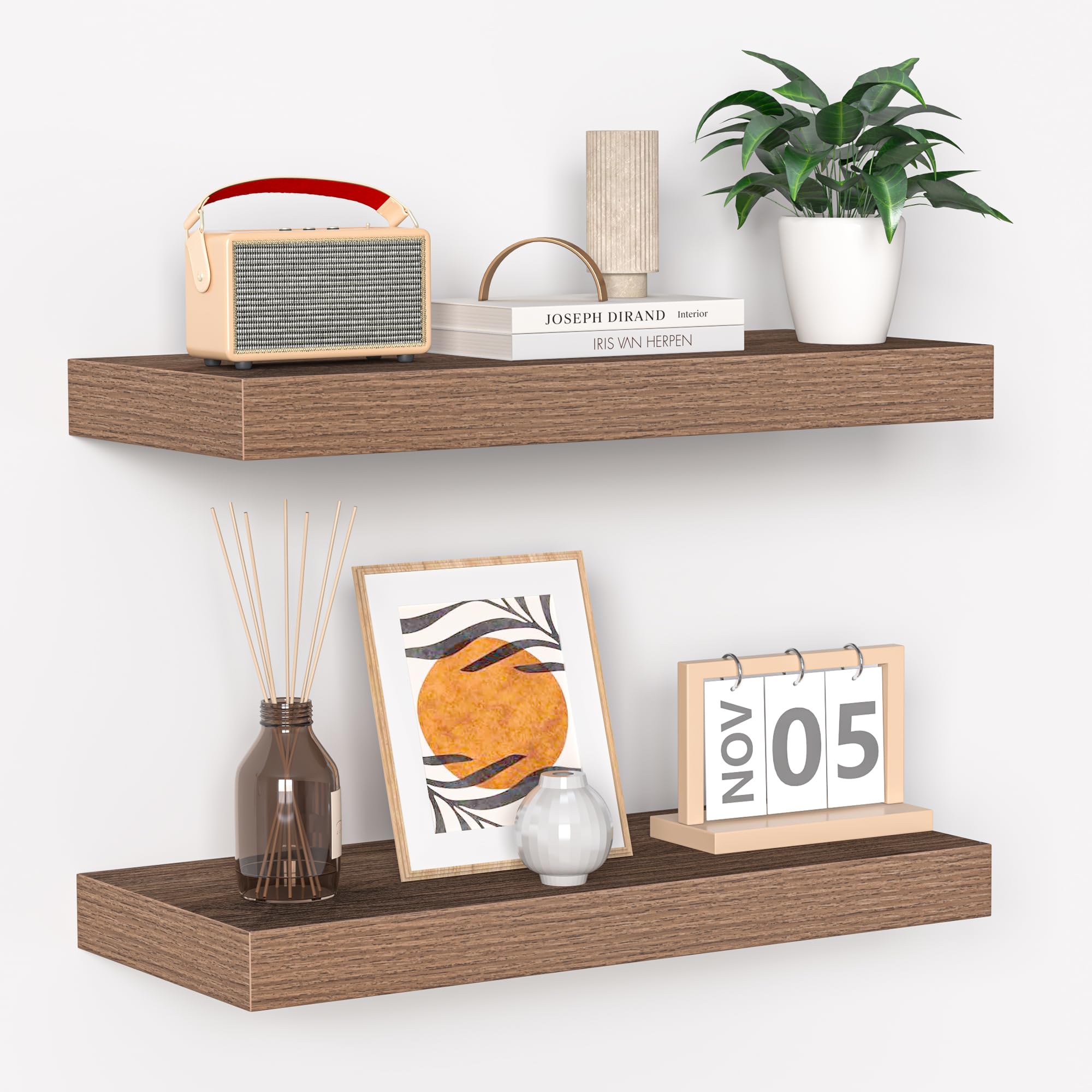 Fun Memories Floating Shelves - 16 Inch Wall Shelf for Decor & Storage - Wall Mounted Display Shelving with Invisible Heavy-Duty Metal Bracket 2Pack, Walnut
