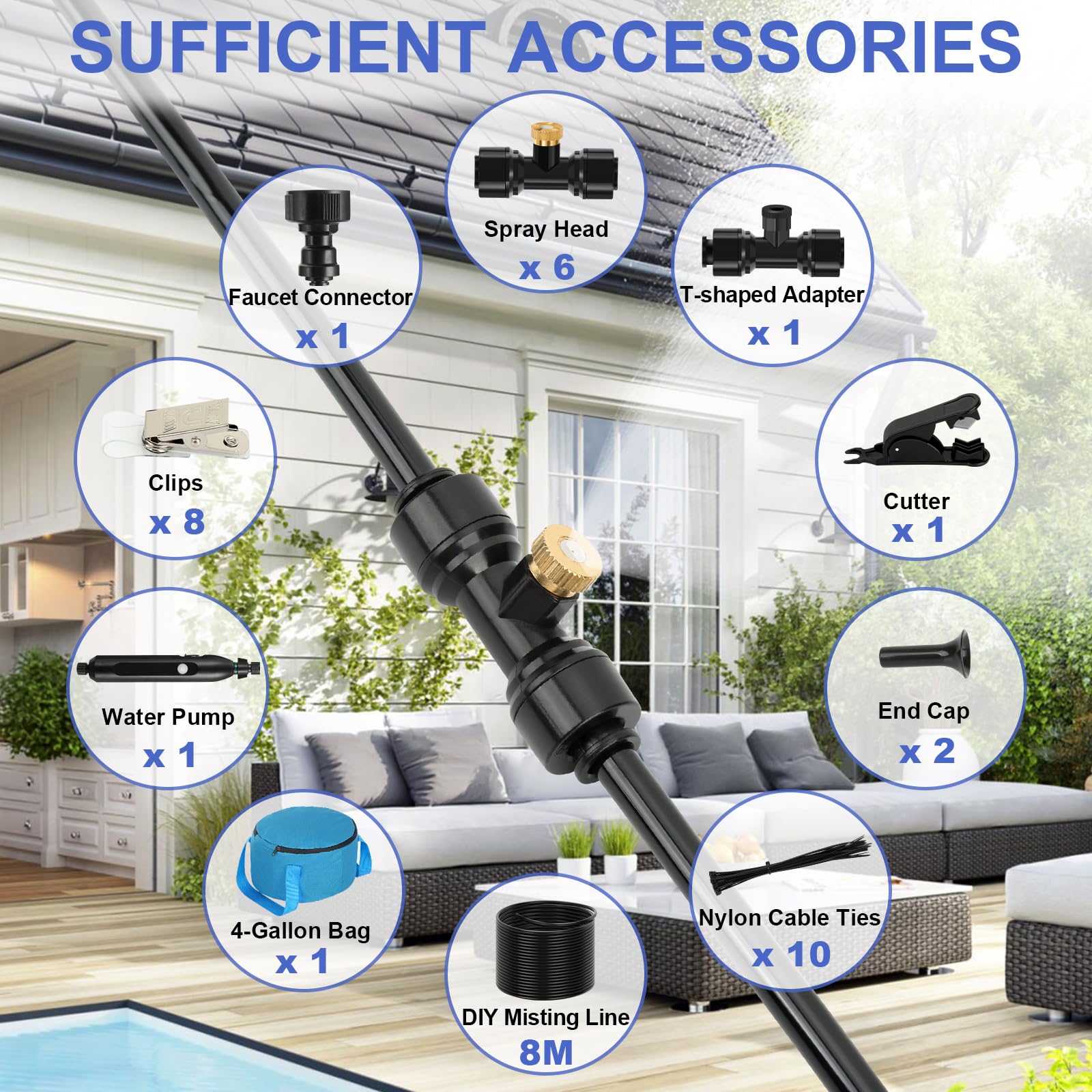 Système de brumisation portable avec pompe, ligne de brumisation DIY de 8 m et 6 buses en laiton, sac à eau de 15,1 l, rechargeable par USB (4 500 mAh), système de refroidissement extérieur pour