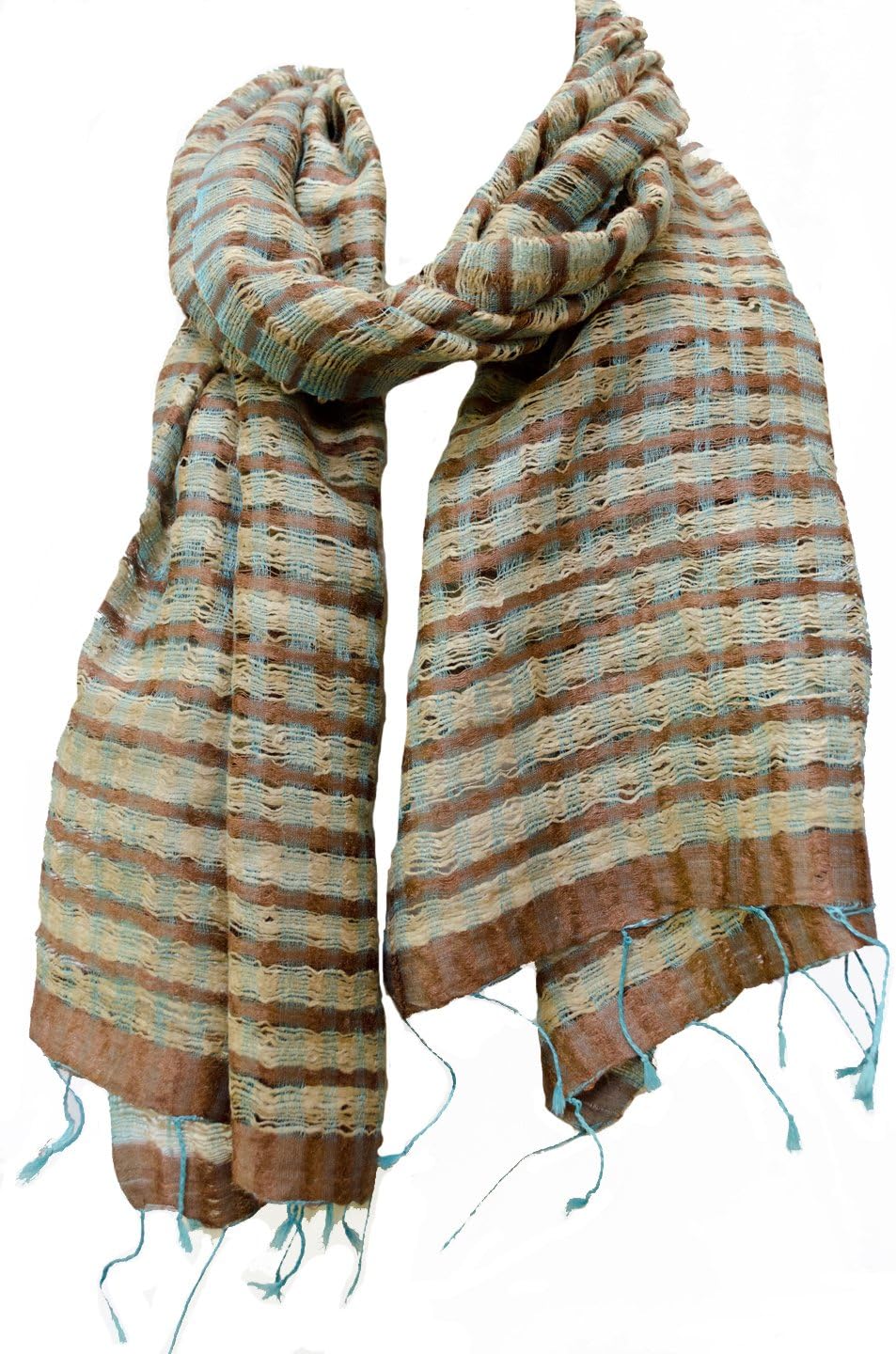 Open Weave Striped Natural Raw Silk Shawl Scarf Stole Wrap Rust Gold Turquoise
