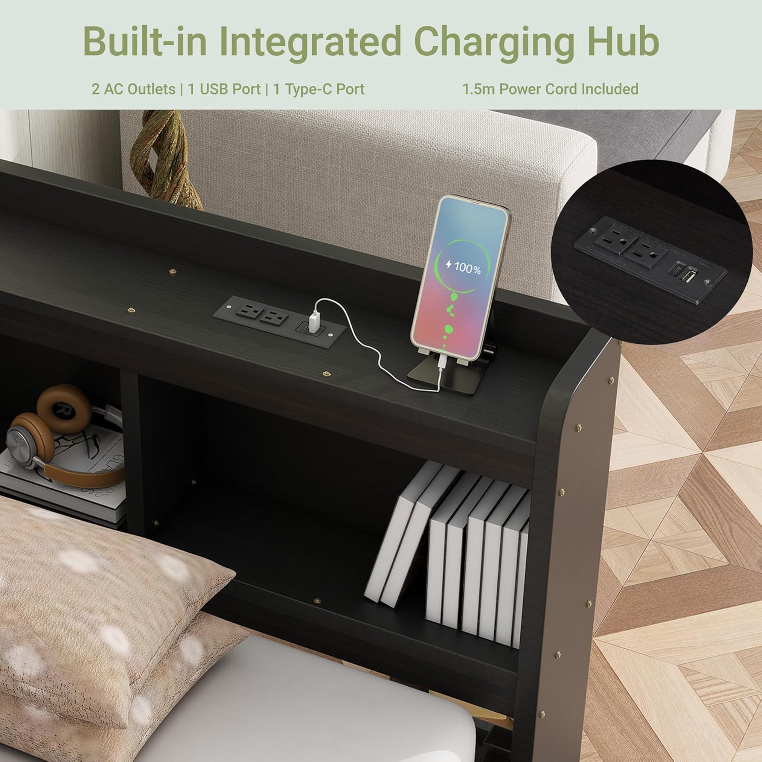 Twin Size Corner Bed Frame with L-shaped Bookcase Headboard, Wood Platform Bed with Charging Station and USB Ports, 2 Storage Drawers on Wheels, No Box Spring Needed, Space-Saving Design, Espresso