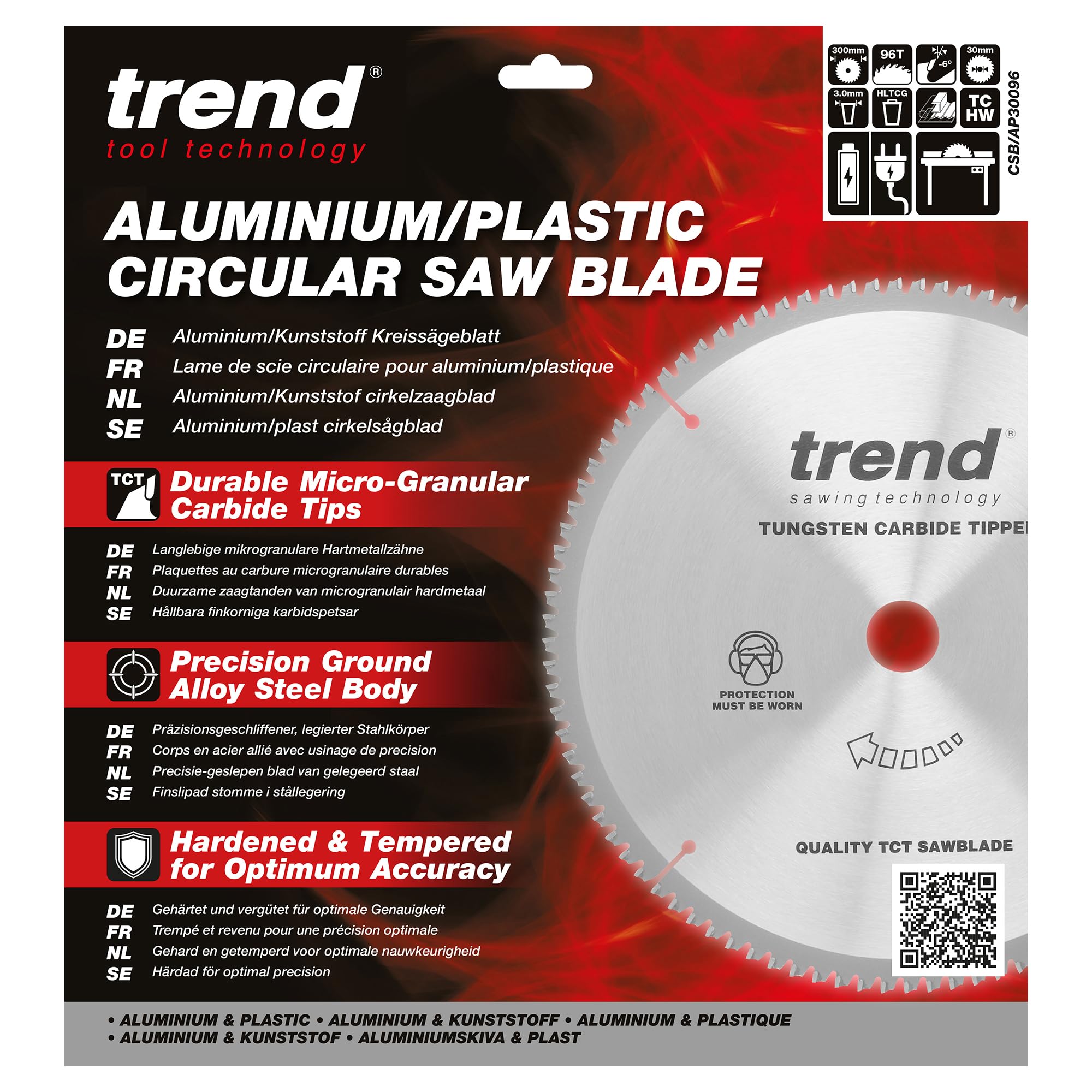 Trend Lama Circolare per Alluminio e Plastica, Diametro 300mm, Foro 30mm, 96 Denti, Larghezza Taglio 3mm, Angolo -6°, metallo duro (TCT), Finitura Extra-Fine, CSB/AP30096