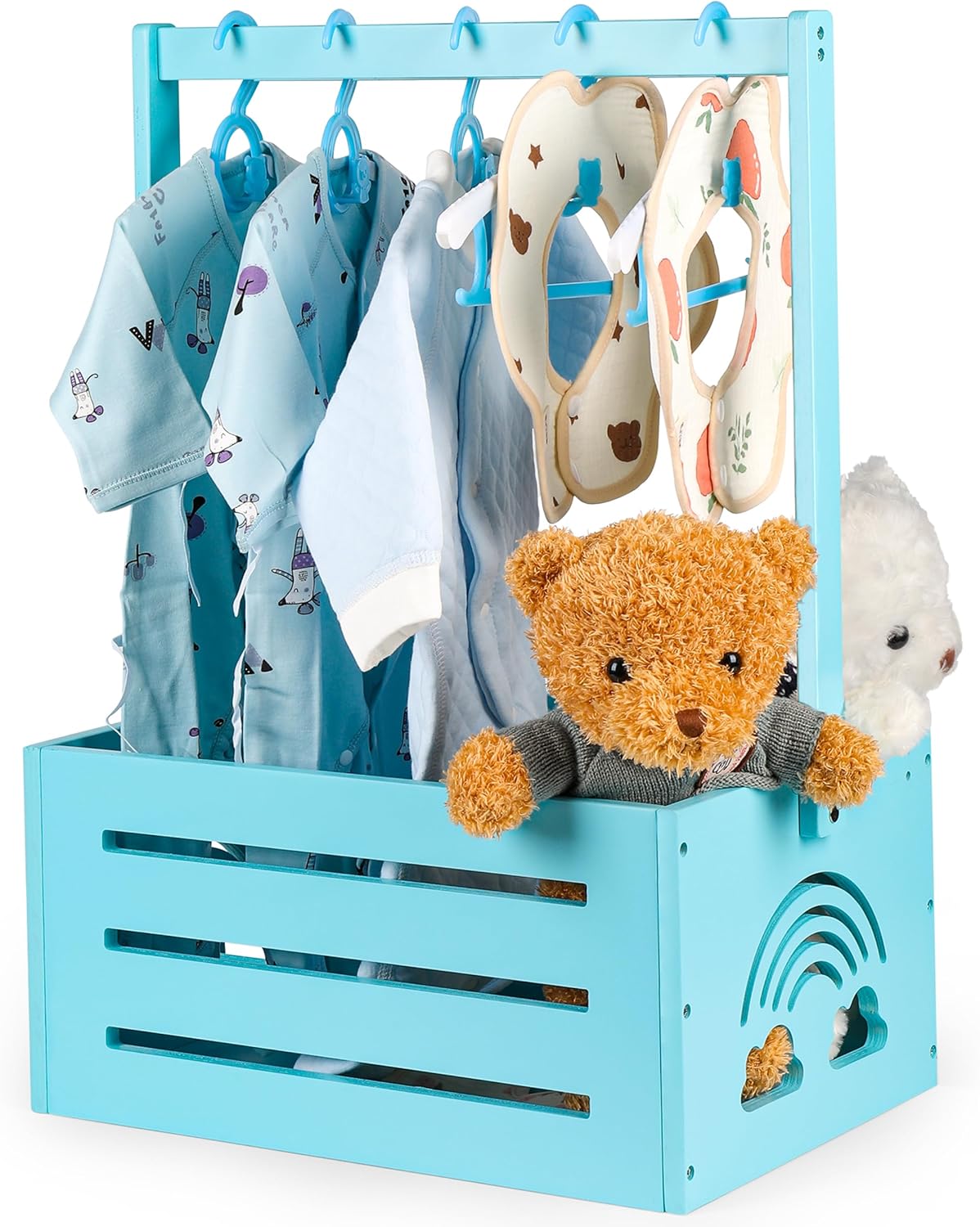 Wooden Baby Shower Crate Closet – with Handle, Smooth Surface & Round Edges – Textured Natural Wood - New Born Welcome Gift Hamper for Boys & Girls - Pregnancy Gifts for New Parents (Baby Blue)
