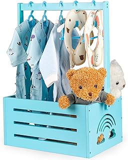 Wooden Baby Shower Crate Closet – with Handle, Smooth Surface & Round Edges – Textured Natural Wood - New Born Welcome Gift Hamper for Boys & Girls - Pregnancy Gifts for New Parents (Baby Blue)