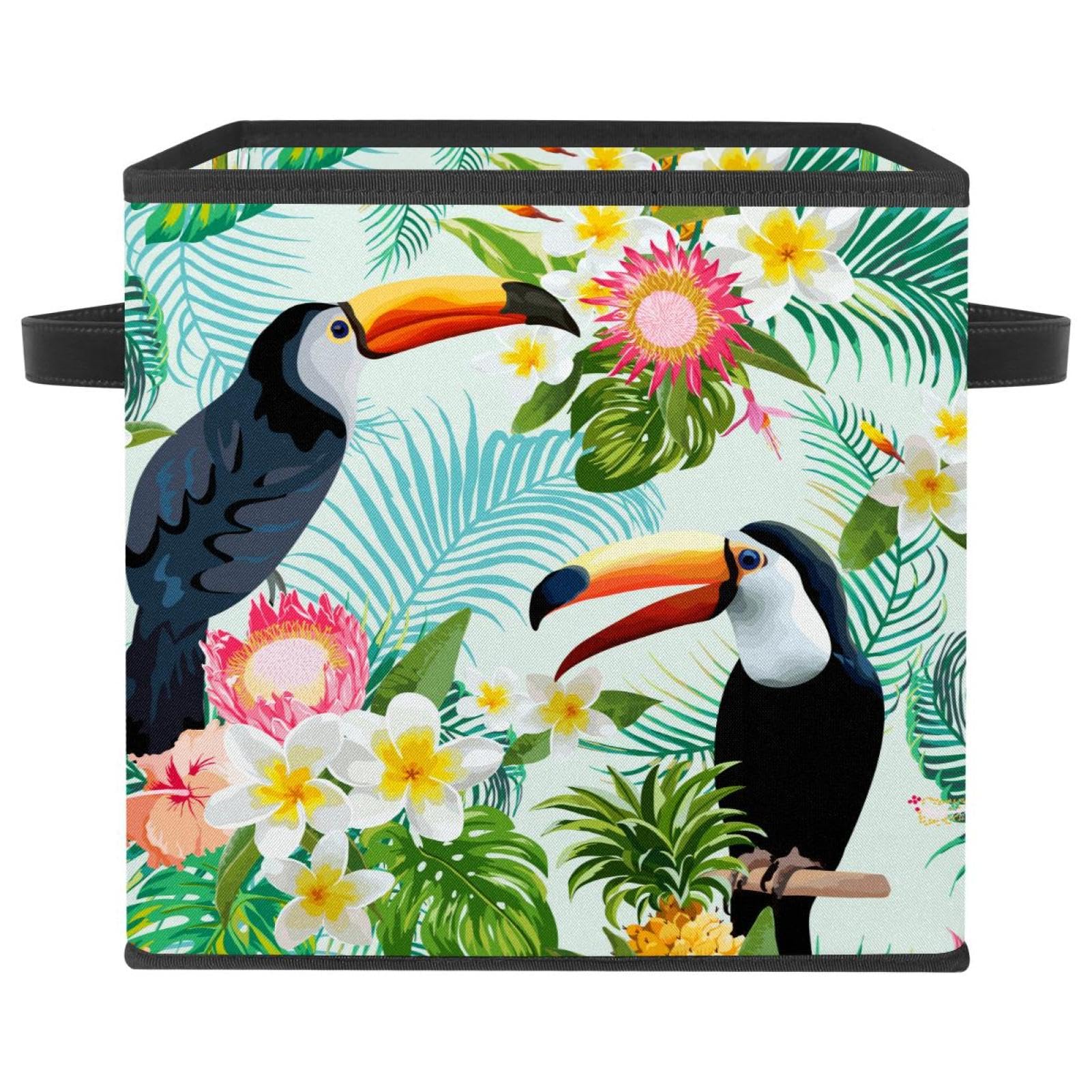 Boîte de rangement pliable oiseaux tropicaux panier cube en tissu à poignées
