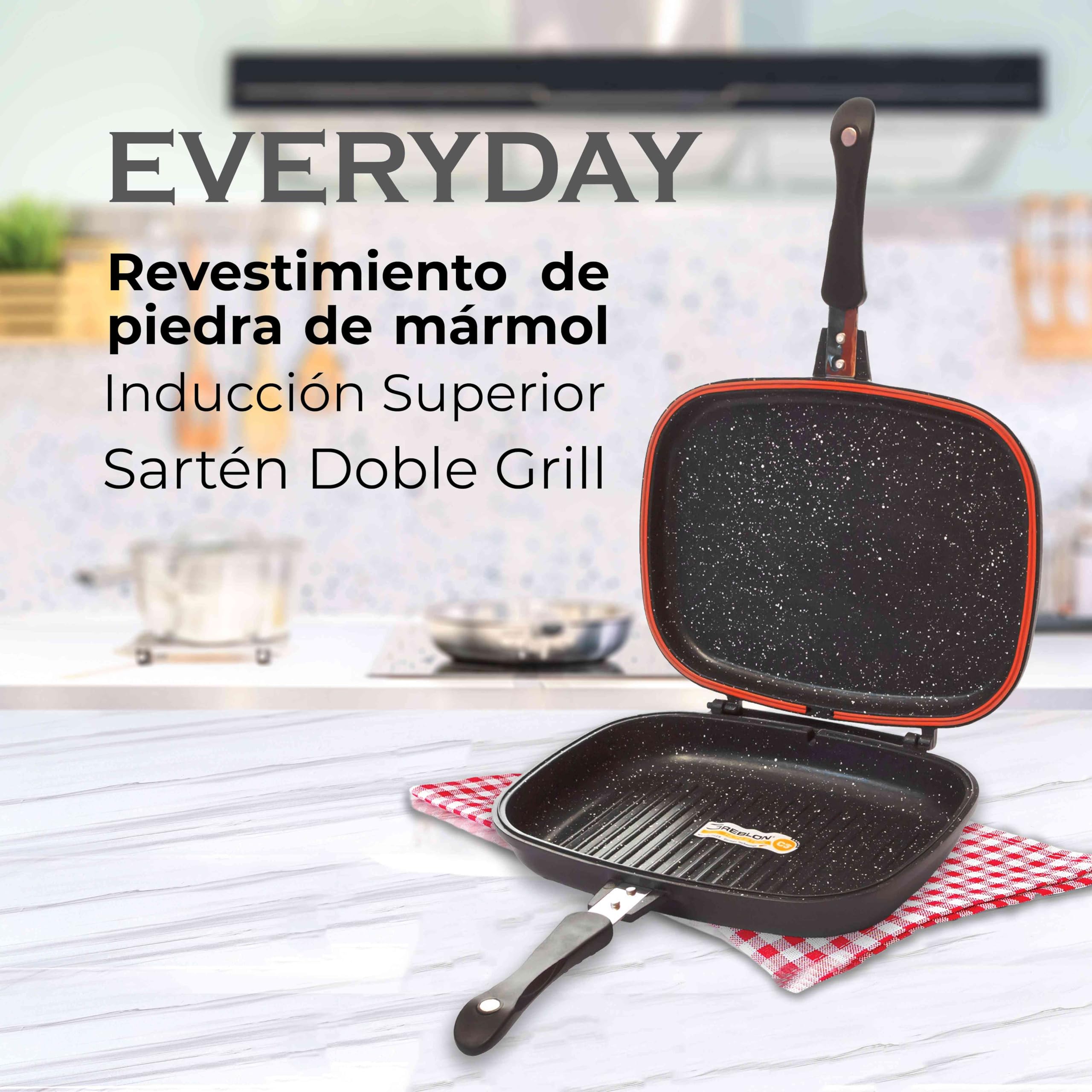 Müller Kitchen Sartén doble MK-3001, antiadherente de granito de mármol alemán de aluminio fundido a presión, sin PFOA, resistencia a los arañazos, 32 cm, color negro