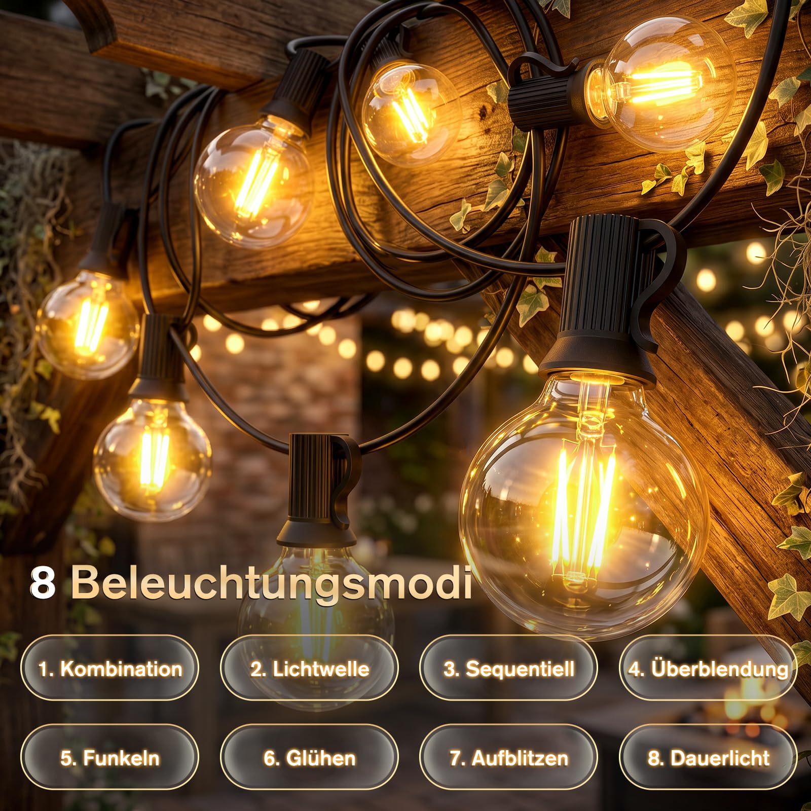 SALCAR Guirlande lumineuse solaire d'extérieur - 23 m - Étanche - 30 + 1 ampoules G40 - Intensité variable - Avec télécommande - 8 modes - Pour jardin, balcon, terrasse, fête, blanc chaud