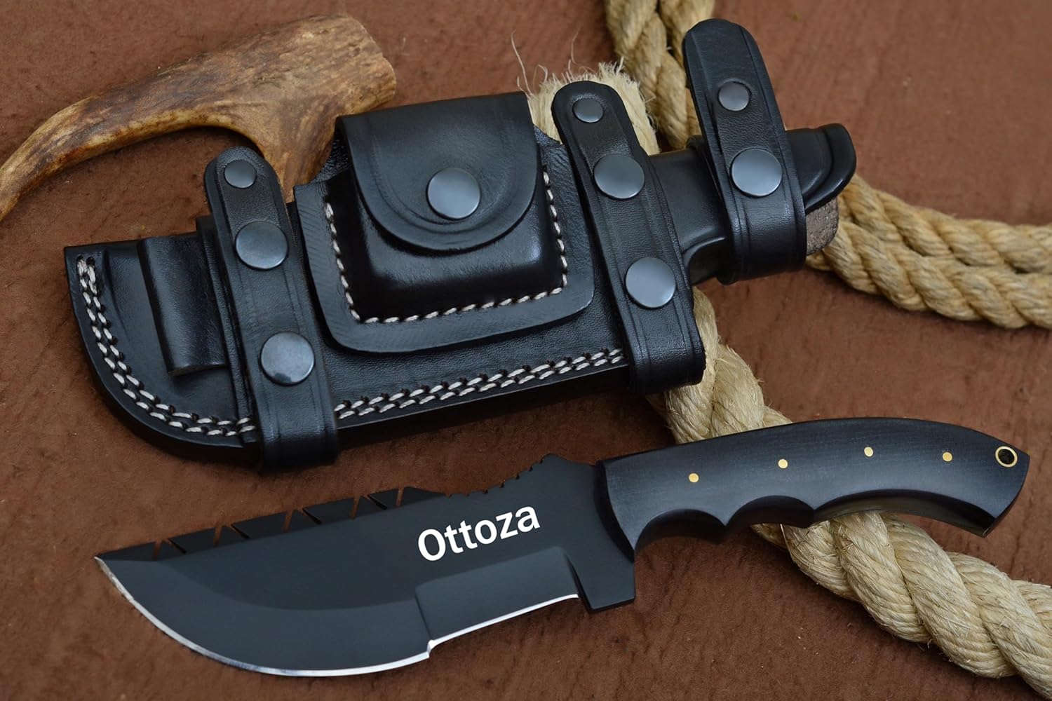 Ottoza 1095 Carbon Steel Tracker Knife with Horizontal Carry Leather Sheath – Full Tang Fixed Blade Survival Knife for Outdoors and Micarta Handle 253 - Image 8