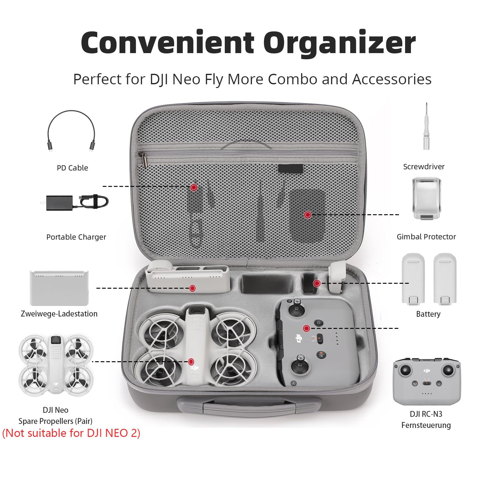 DJI Fly More Combo per Neo Case Custodia protettiva per DJI Neo RC-N3 e 6 batterie drone accessori portatile in PU con tracolla, grigio