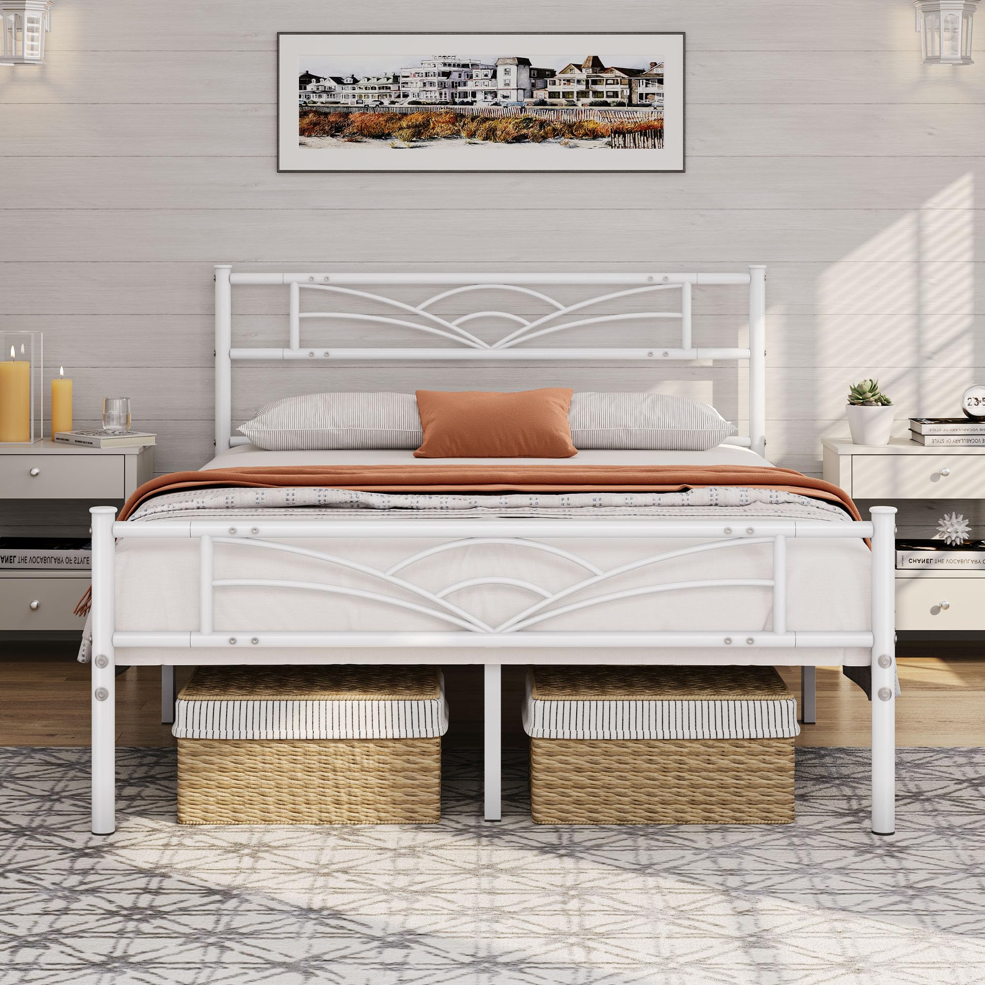 costoffs 4ft6 Metal Double Platform Bed Frame Solid Bedstead Base with Cloud-inspired Design Headboard and Footboard, Under-bed Storage Space, Fits for Adults/Teenager White