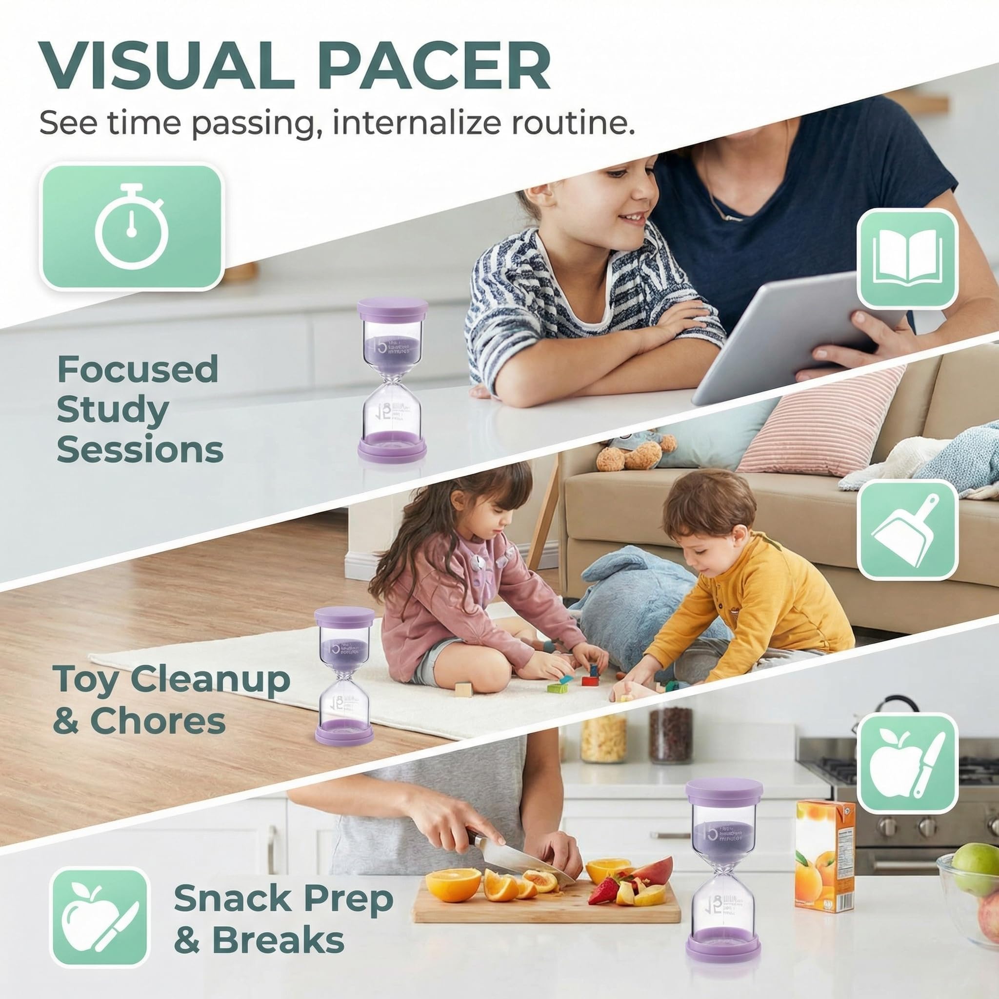 Clessidra Bambini 5 Pezzi – Timer Visivo Colorato 1/5/10/15/30 Minuti, Clessidra Educativa in Plastica Anticaduta per Studio, Gioco e Casa