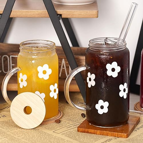 Miniatura 7 de Mason Life Tazas de café helado, tazas de café de 16 onzas con tapas y popotes de vidrio, tazas de café con asa, vasos de vidrio de flores con tapas