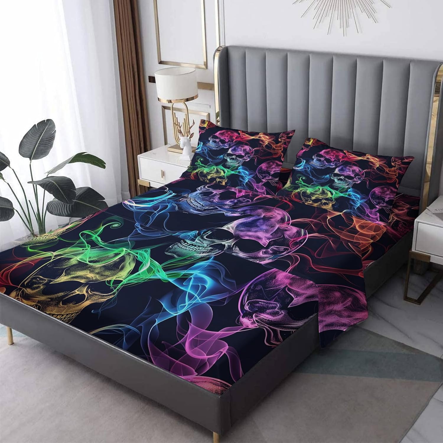 Skull Sheets - Queen Sheet Set - Trippy Skeleton Bed Sheets, Soft Microfiber & Deep Pocket & Wrinkle Free Patterned Bedding Sheets & Pillowcases - Skull Gifts & Decor