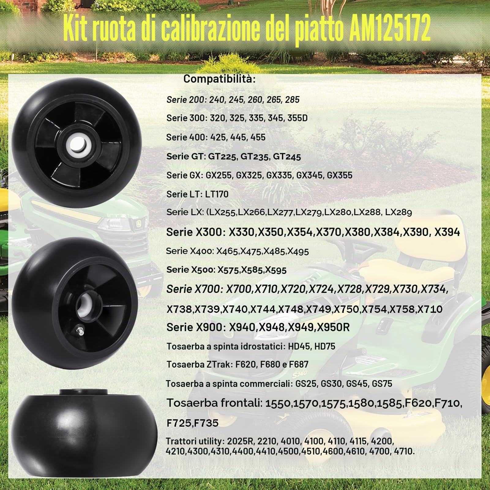 Kit di 4 ruote per trattorini John Deere da 121,9 cm, 137,2 cm, 157,5 cm, 182,9 cm, 152,4 cm, trattori da giardino, ricambio # AM125172 AM124706 210-300