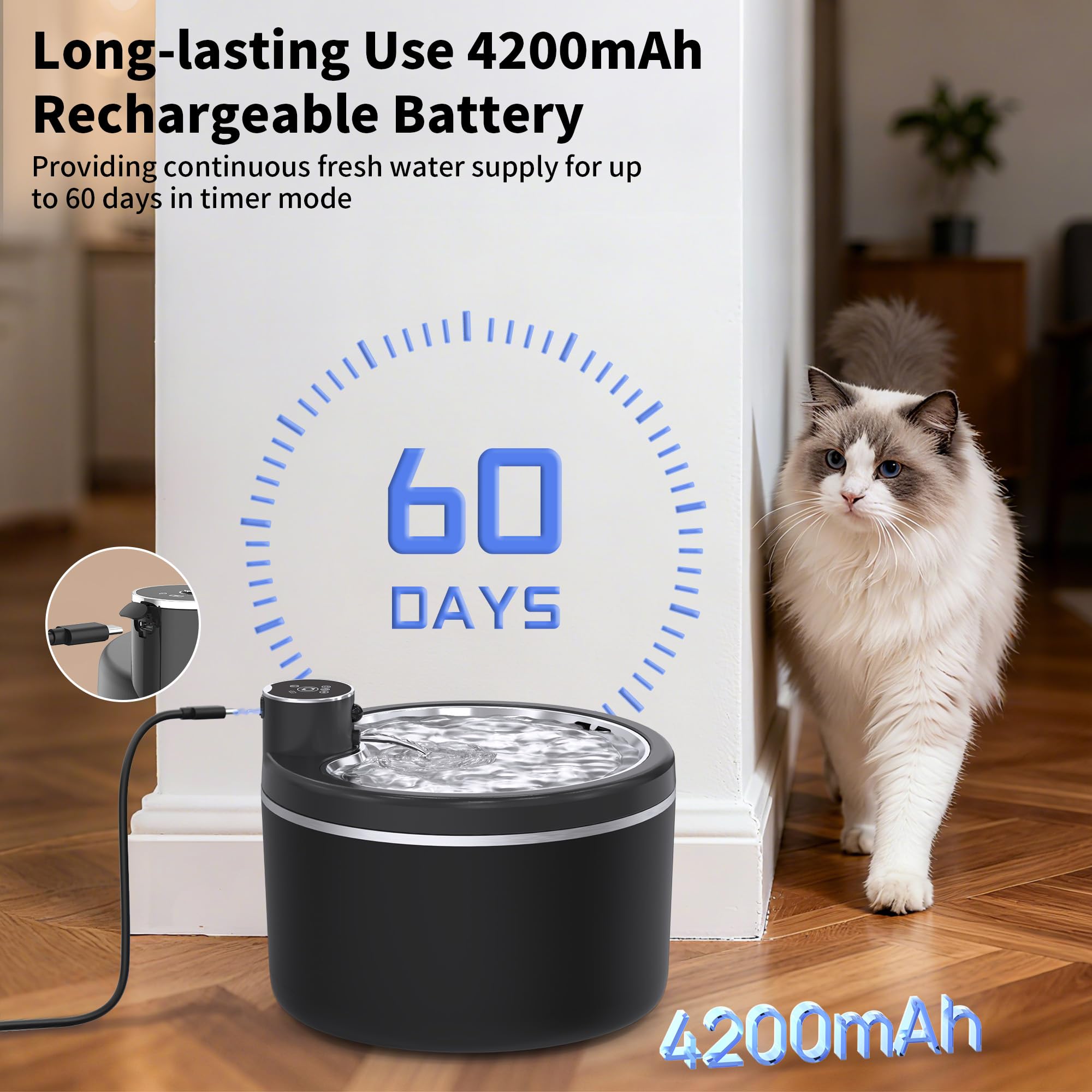 Fuente de agua para gatos inalámbrica, 3,061.7 g/3L fuentes para mascotas para gatos de interior con bandeja de acero inoxidable, fuente de agua para gatos que funciona con pilas con sensor de