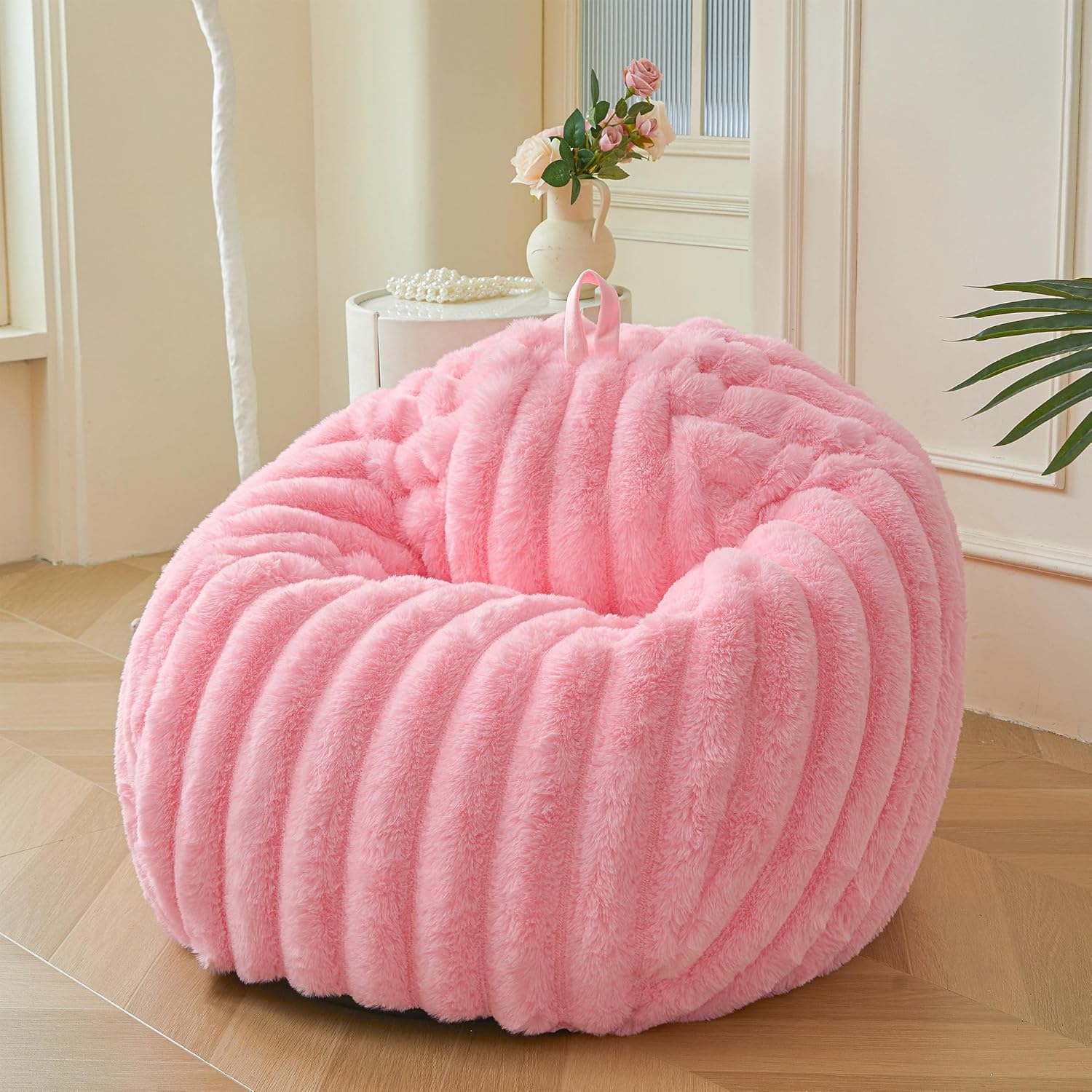 MEGO Kids Fluffy Faux Rabbit Fur Bean Bag Chair Cover(No Filler), Light Purple Plush Striped Stuffed Animal Storage Bean Bag, Fuzzy Furry Ribbed Beanbag Cover Kids Girls Adults, Anti-Slip, Lavender